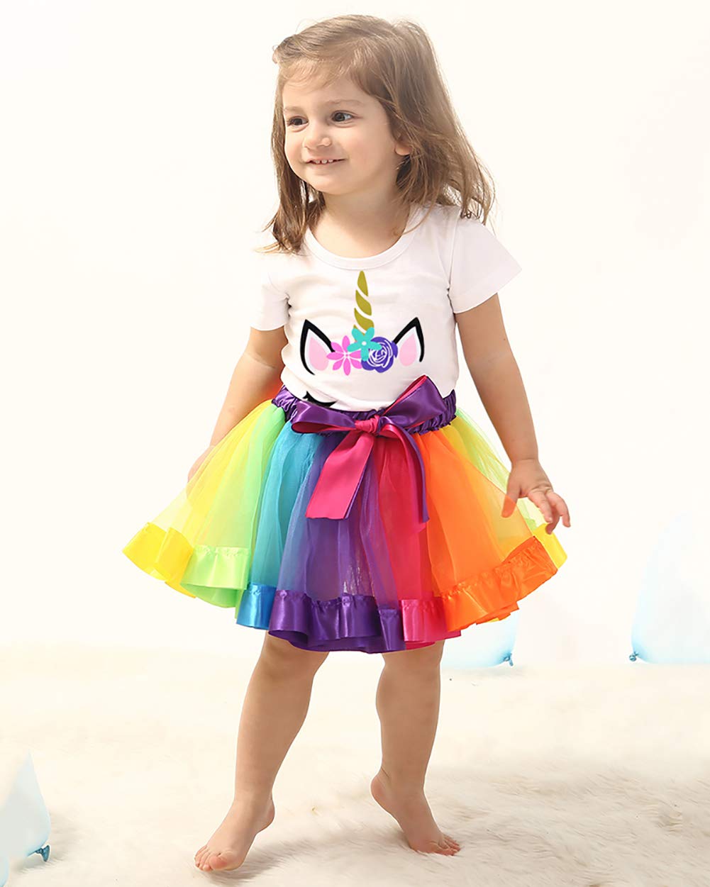 JiaDuo Girls Layered Rainbow Tutu Skirt with Bow - Ballet Dance Skirt for Kids, Toddler & Baby - Perfect for Dance Recitals, Birthday Parties & Dress Up Play