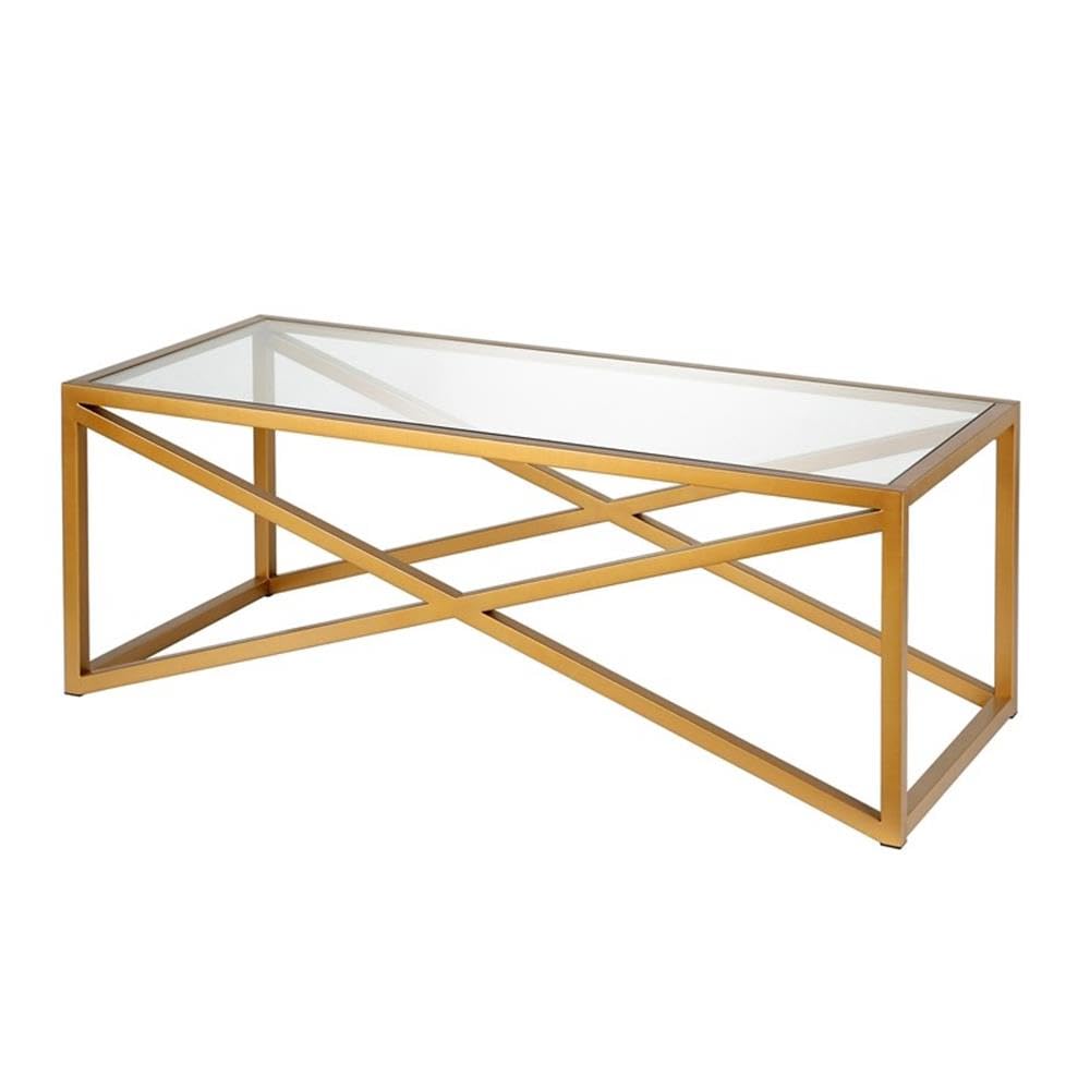 Pemberly Row Brass and Gold Rectangular Coffee Table with Tempered Glass Top - Modern Living Room Centerpiece for Home Decor
