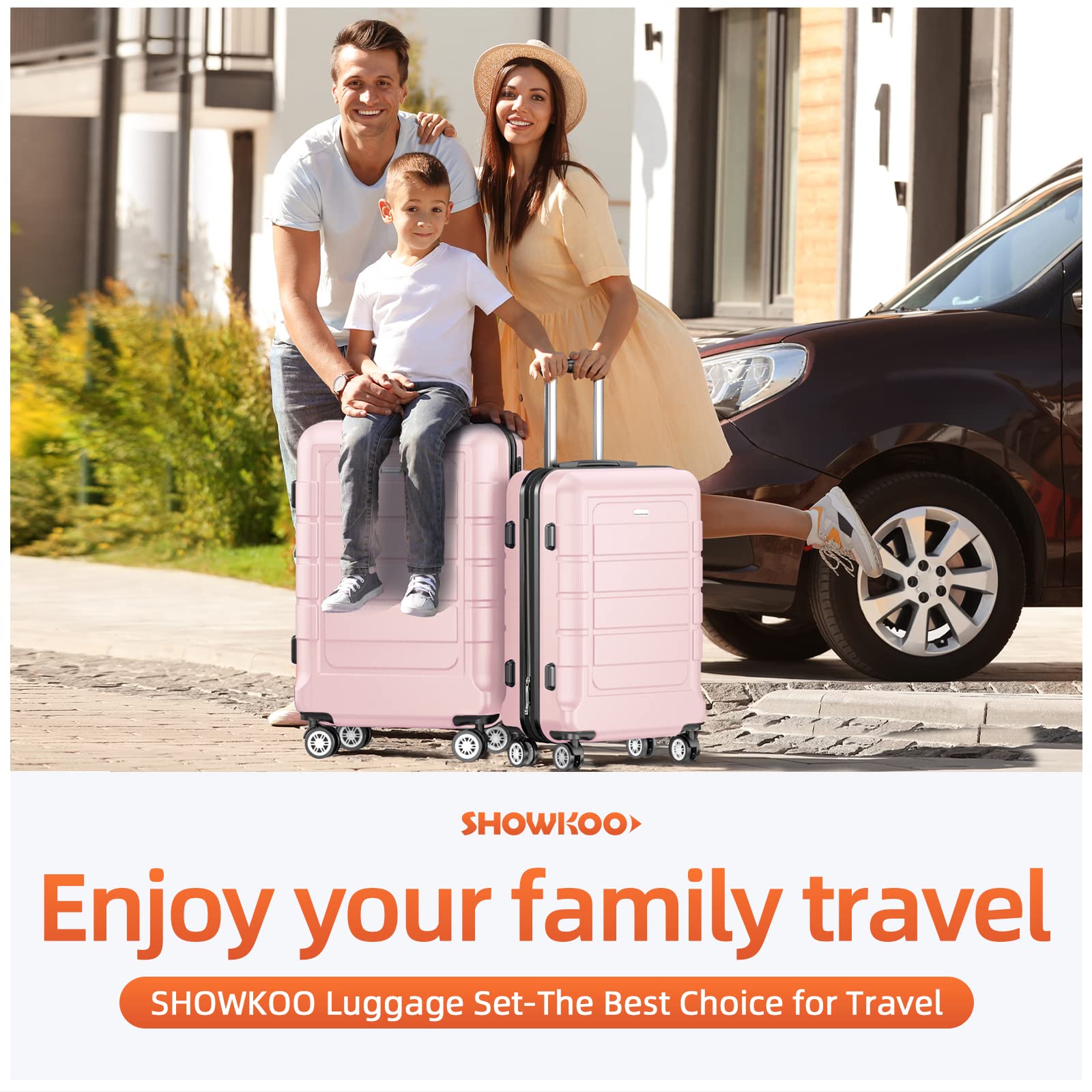 SHOWKOO Expandable Luggage Set - 3-Piece Durable PC+ABS Suitcase with Double Spinner Wheels & TSA Lock (Pink) - Perfect for Air Travel, Business Trips & Family Vacations
