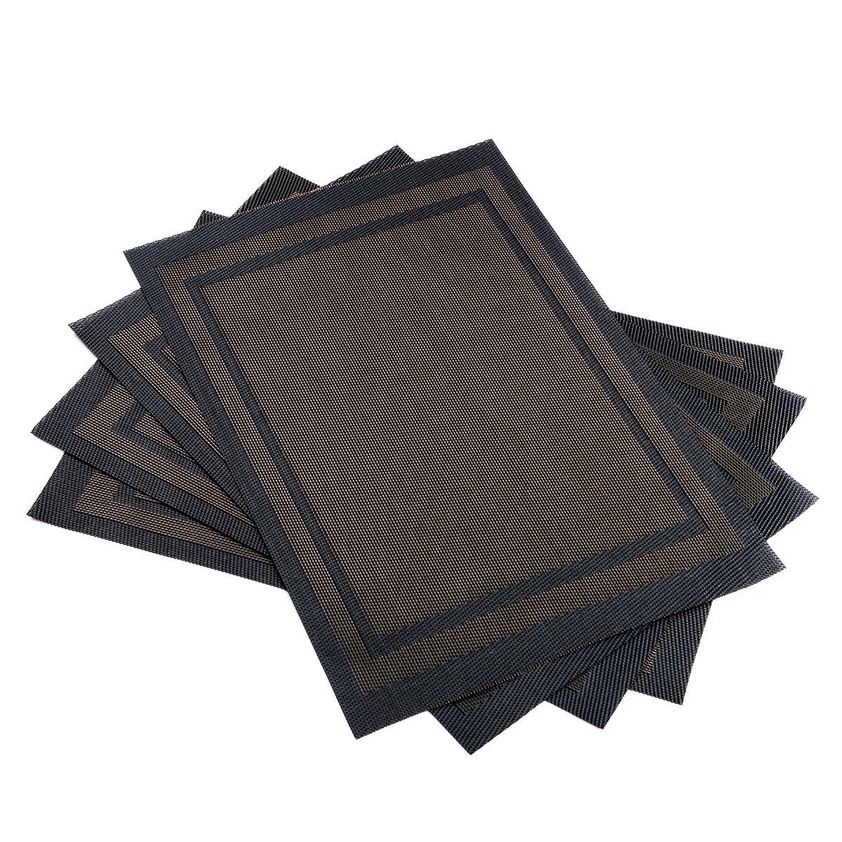 6-Piece Boho Woven Placemats Set - Waterproof Vinyl Table Mats for Indoor/Outdoor Dining - Black & Gold Decorative Frames - Perfect for Dinner Parties, Picnics, and Home Decor