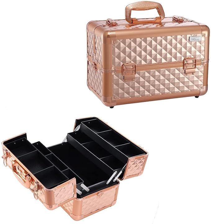 Professional Beauty Makeup Cosmetic Vanity Case - Diamond Cut Rose Gold Travel Organizer for Makeup Brushes & Cosmetics | Perfect for Home, Salon & Travel Use