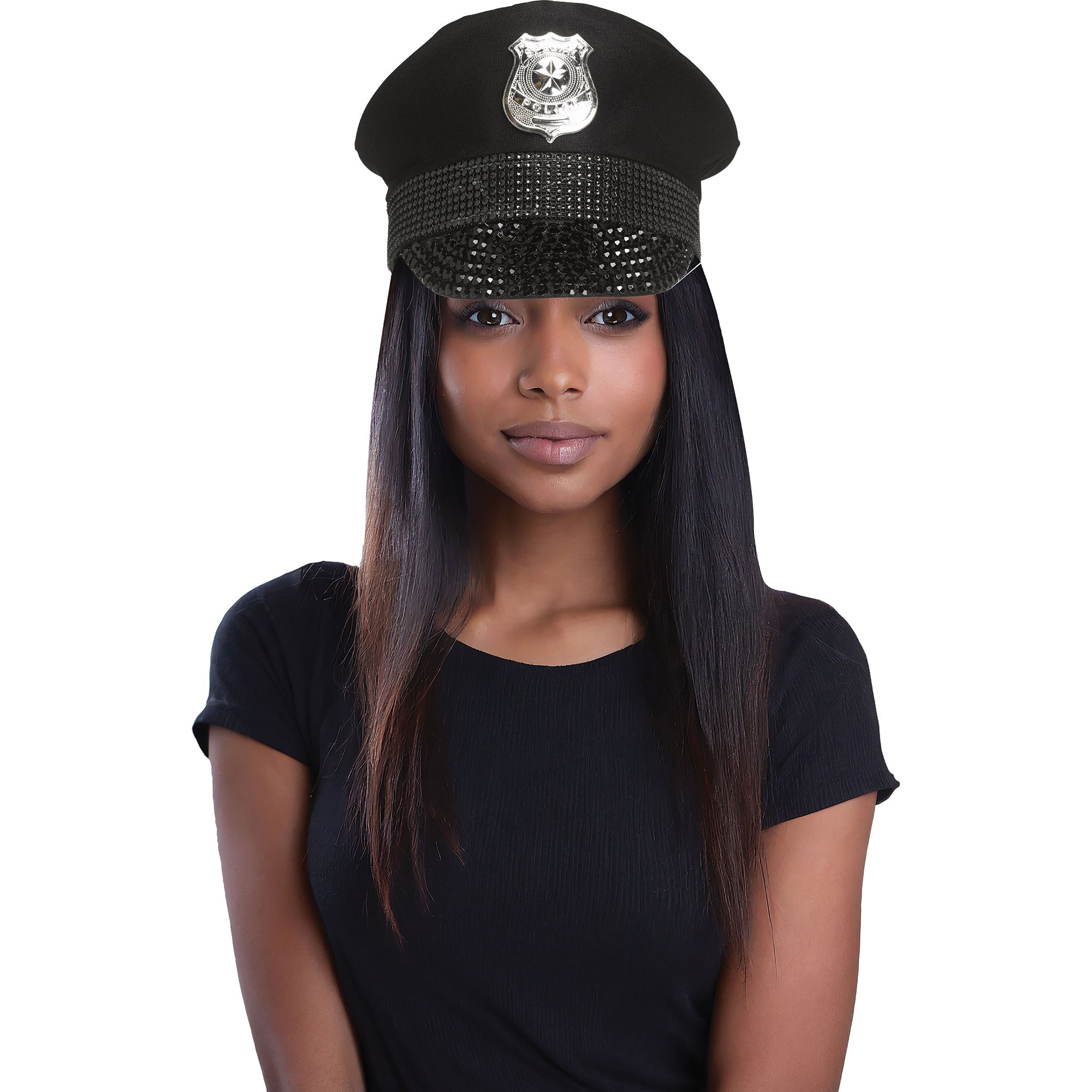 Stylish Black Rhinestone Police Hat for Adults - Perfect for Costume Parties, Halloween, and Cosplay