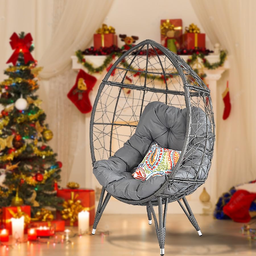 Oversized Wicker Egg Chair with Stand - 410 lbs Capacity Indoor/Outdoor Rattan Hanging Chair for Patio, Backyard, Balcony & Bedroom - Includes 4'' Cushion (Gray) - Perfect for Relaxing, Reading & Lounging