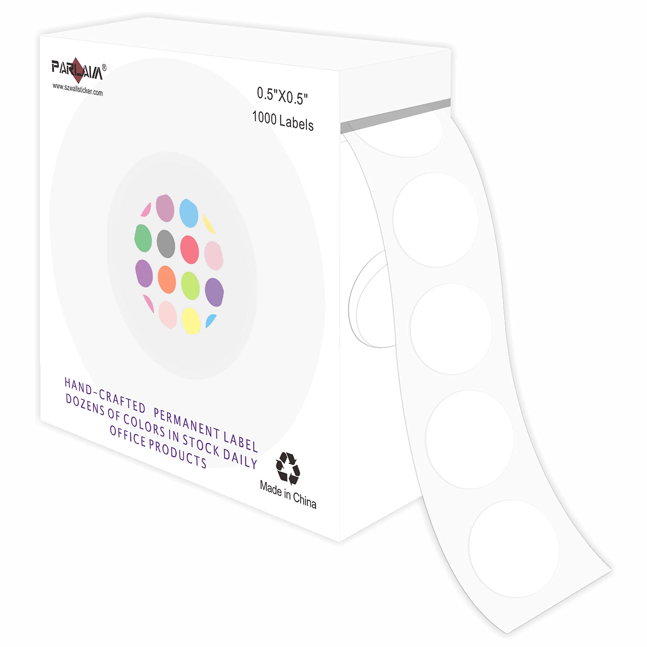 PARLAIM 1/2 Inch Round Permanent Adhesive Color-Code Dot Stickers - 1000 Stickers Roll with Dispenser Box - Green Circle Labels for Organizing, Inventory & Color Coding (White) - Perfect for Office, Warehouse & Home Organization