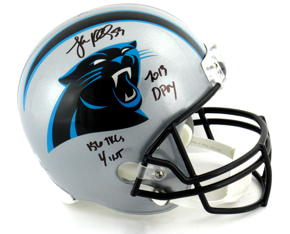 Authentic Luke Kuechly Signed Carolina Panthers Riddell NFL Helmet - DPOY, Tackles & Ints Inscription - Perfect for Football Collectors & Panthers Fans Display