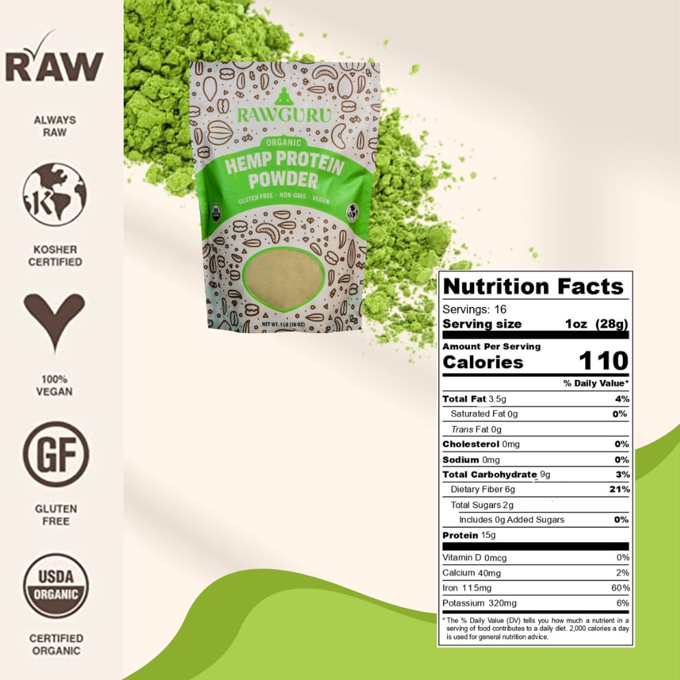 Organic Hemp Protein Powder 16oz by RawGuru - USDA Certified, Gluten-Free, Non-GMO, Vegan & Kosher Plant-Based Protein with Essential Amino Acids | Perfect for Smoothies, Baking & Post-Workout Recovery