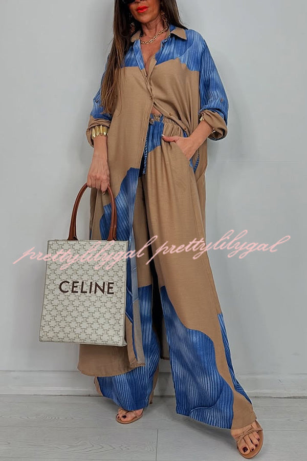Stylish Printed Casual Loose Long Shirt & Elastic Waist Pocket Wide Leg Pants Set - Women's Comfortable Outfit for Work, Travel and Daily Wear