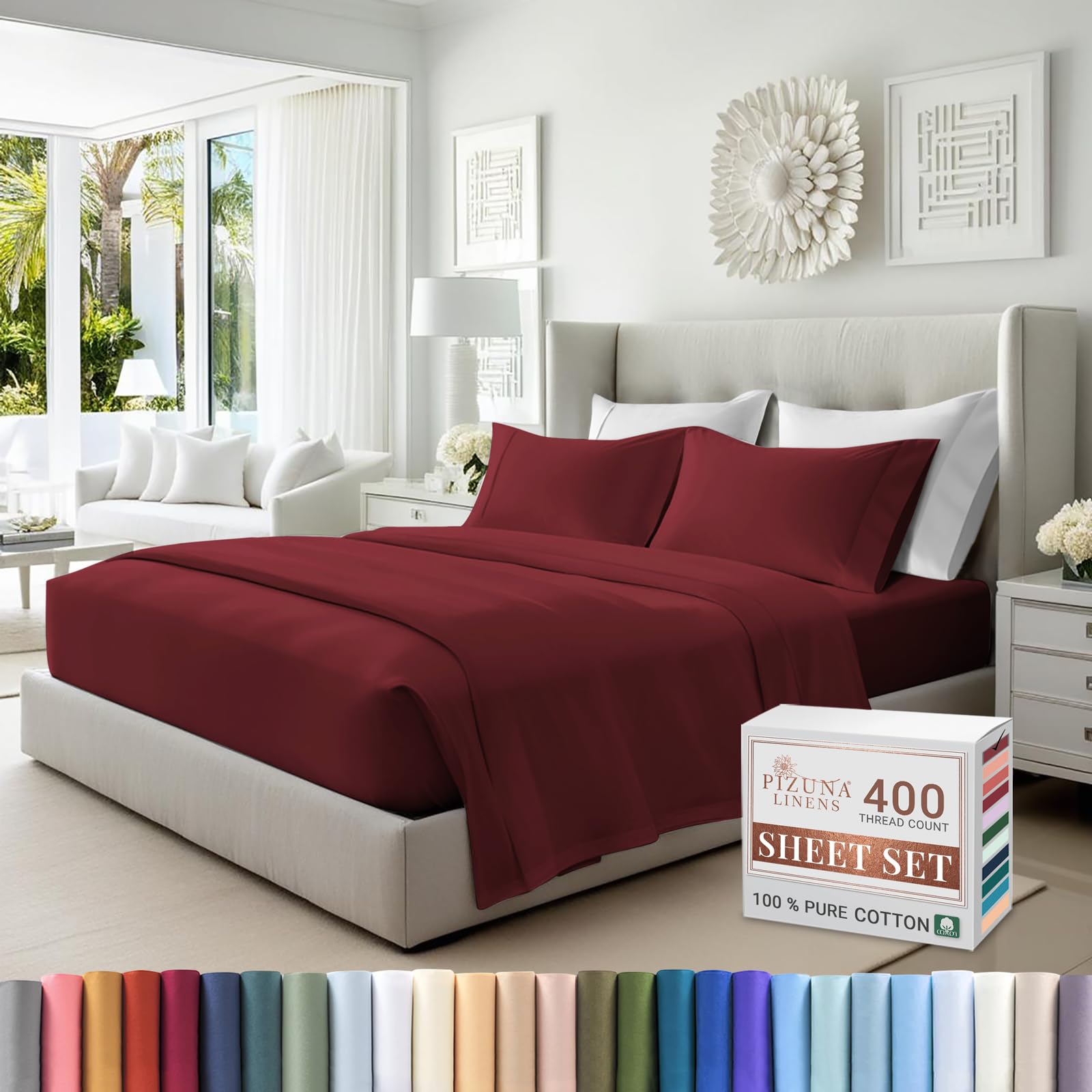 Pizuna Pure 100% Cotton California King Sheets - 400 Thread Count Luxury Sateen Bedding Set with 15