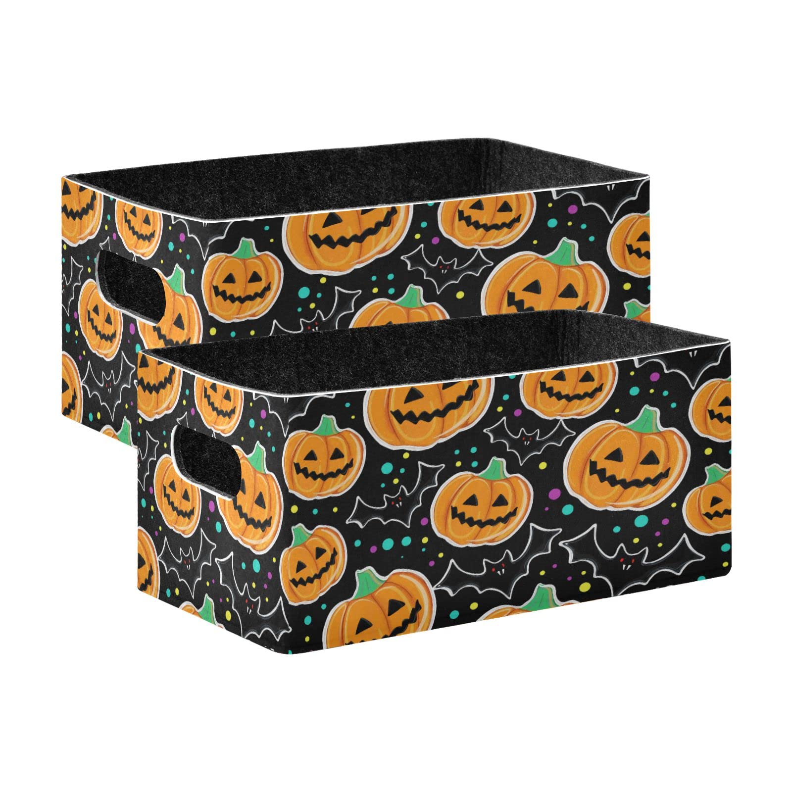 Halloween Pumpkins & Bats Folding Felt Storage Basket - 2 Pack Collapsible Storage Box with Polka Dots, Organizer Bin for Clothes, Toys, Nursery, Closet & Home Organization - Perfect for Seasonal Decor & Kids Room Storage