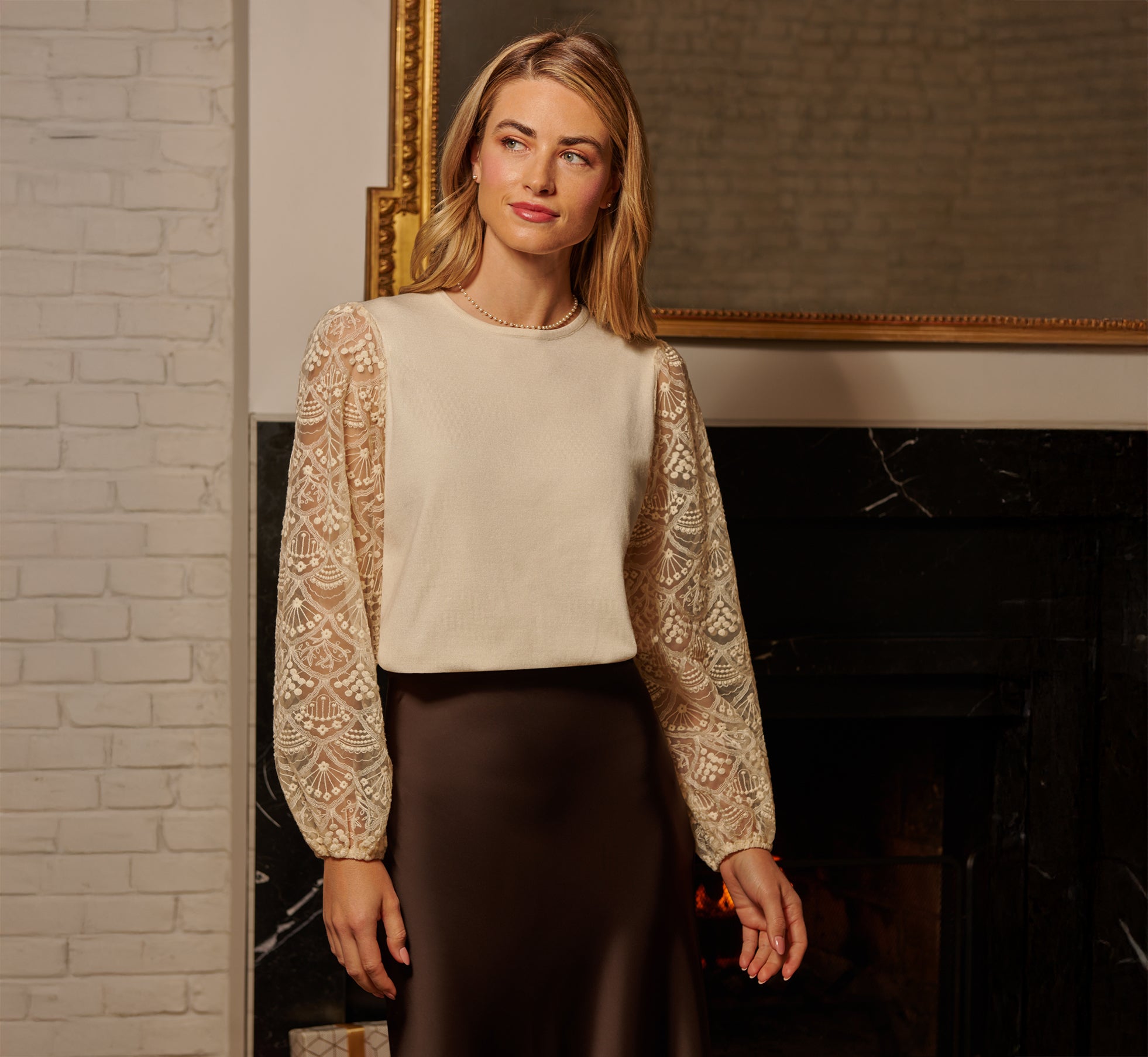 Cream Lace Sleeve Crew Neck Sweater for Women - Elegant Knit Pullover for Office, Date Night & Fall Fashion