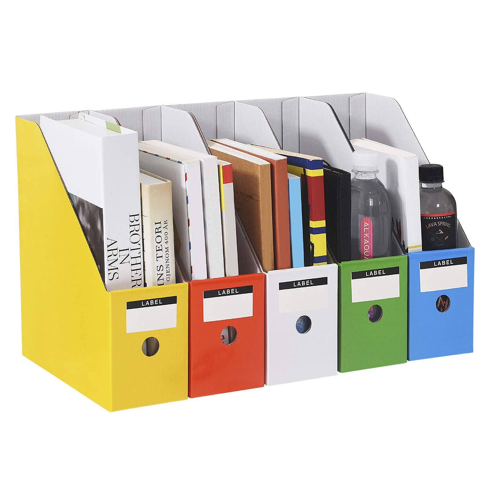 Sturdy Cardboard Magazine File Holder Organizer - Set of 5 Multicolored Book Bins for Office & Home Storage - Perfect for Desk Organization, Document Filing, and Magazine Display