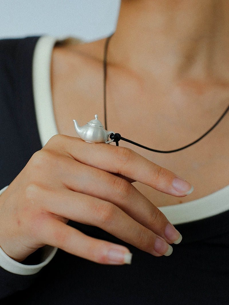 Elegant Brushed Silver Teapot Pendant Necklace with Adjustable Black Cord - Perfect for Tea Lovers, Boho Fashion & Unique Gift Giving