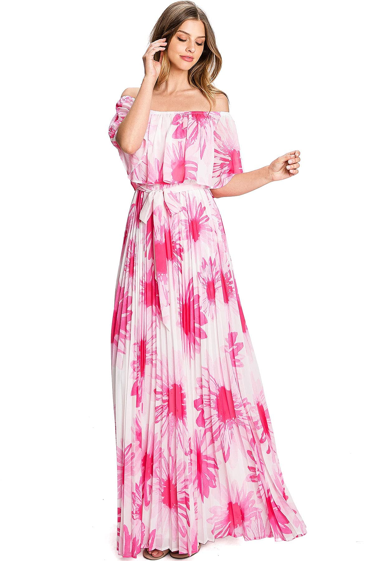 Flying Tomato Off Shoulder Neon Floral Pleated Maxi Dress - Women's Summer Beach Party Dress for Vacations & Night Out