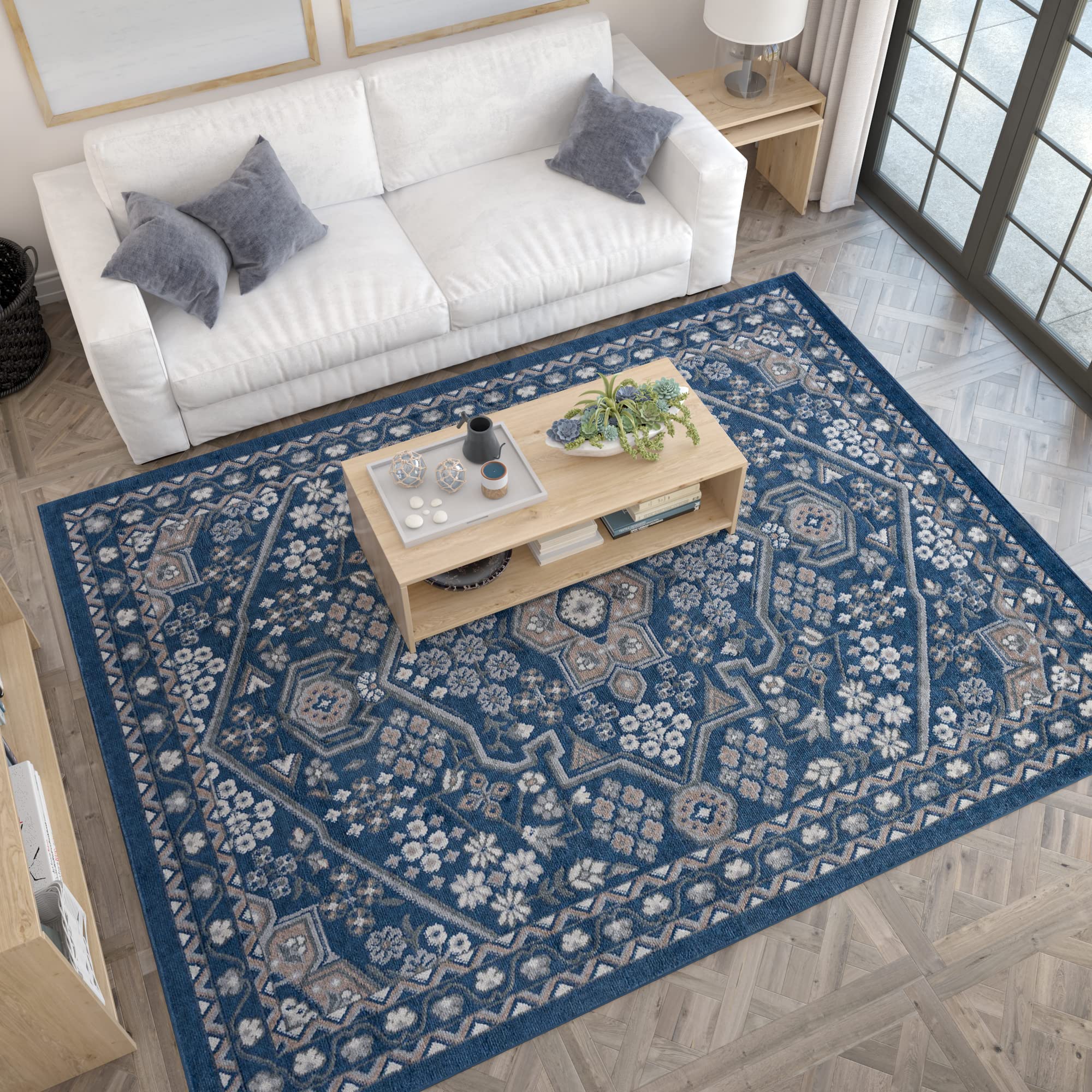 Tayse Logan Navy 8x10 Rectangle Area Rug - Traditional Oriental Design for Living Room, Bedroom, Dining Room - Soft & Durable - 7'10