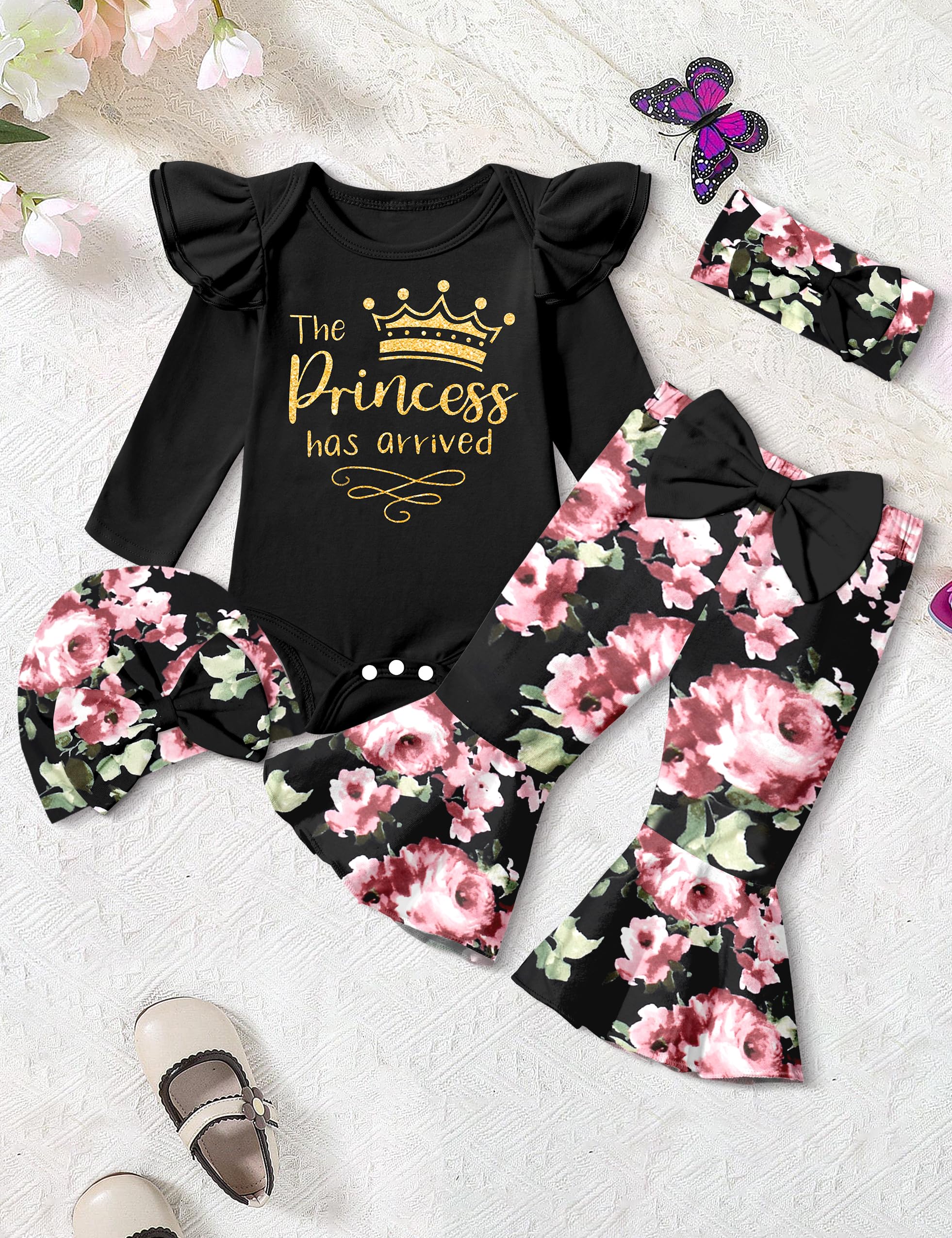 4pcs Baby Girl Outfits Set - Newborn Ruffle Romper & Bell Bottoms with Headband | Cute Infant Clothes for Photoshoot, Birthday Gifts & Daily Wear