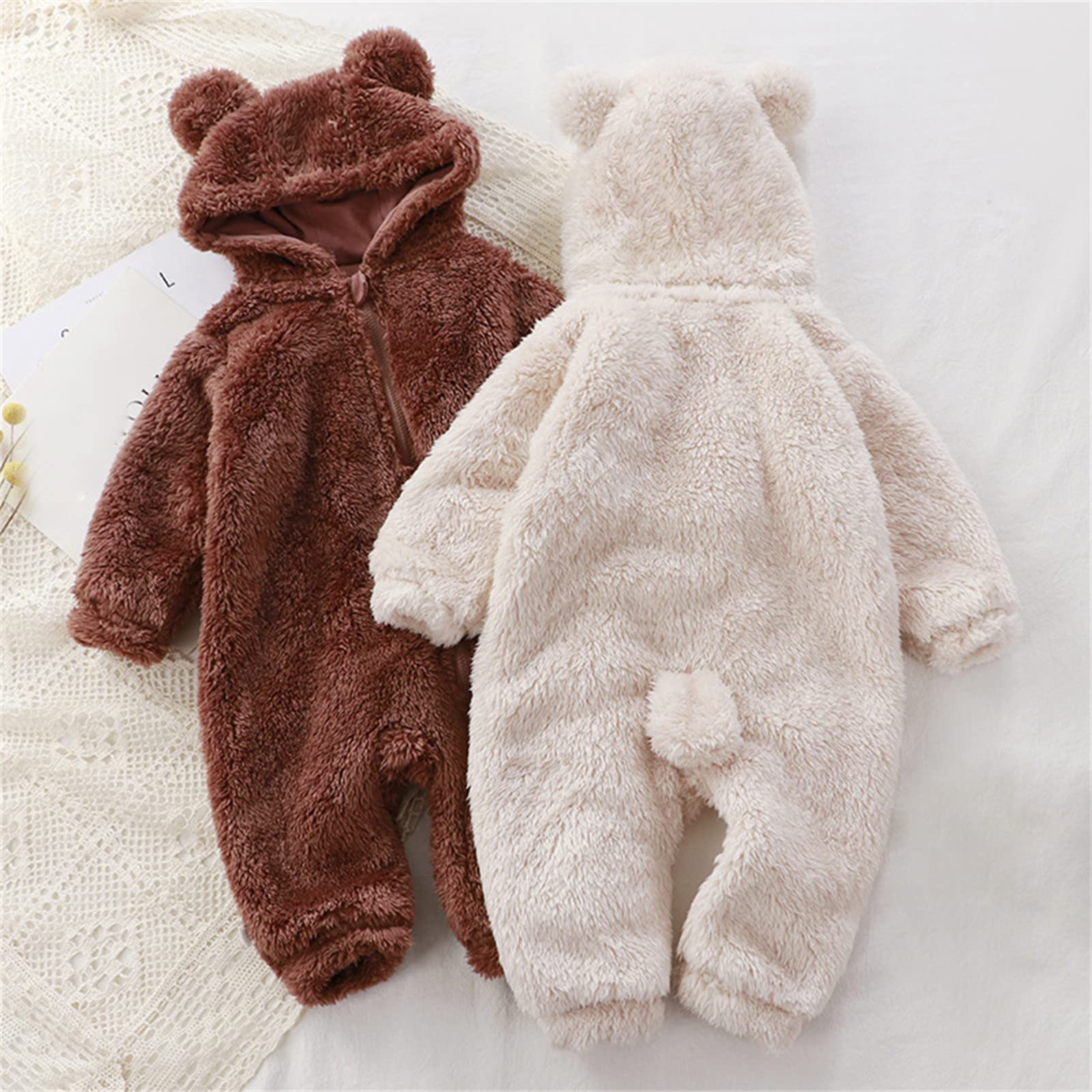 Adorable Cartoon Bear Ears Fleece Footed Romper - Warm Long Sleeve Hooded Jumpsuit for Newborn Baby Boys & Girls | Cozy Sleepwear, Playtime Outfits & Grandma Gift Ideas