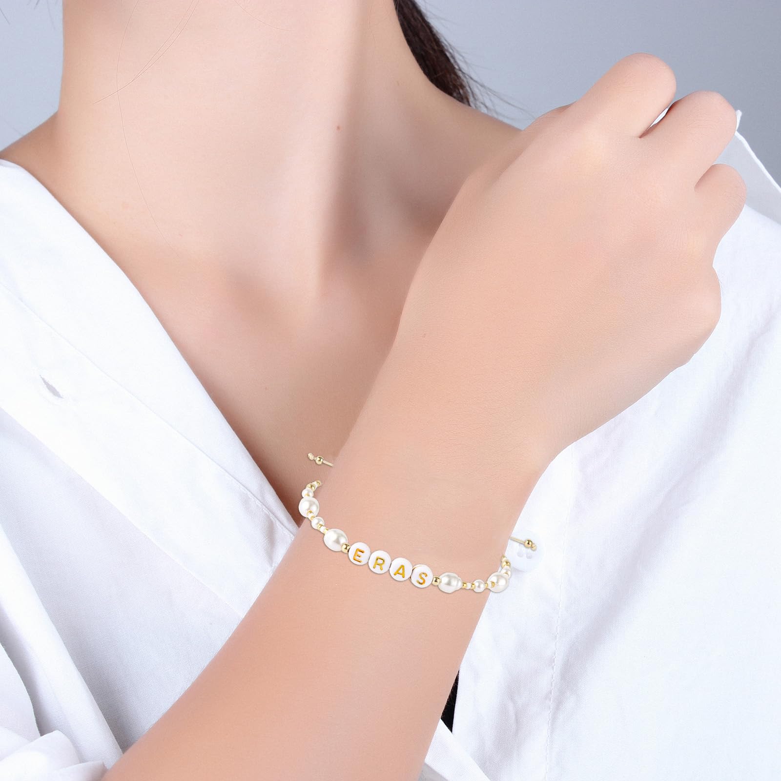 Eras Beaded Bracelet with Engraved Gold Letters & Delicate Pearls - Adjustable Chain Friendship Bracelet for Women | Perfect Gift for Festivals, Tours, Parties & Everyday Wear