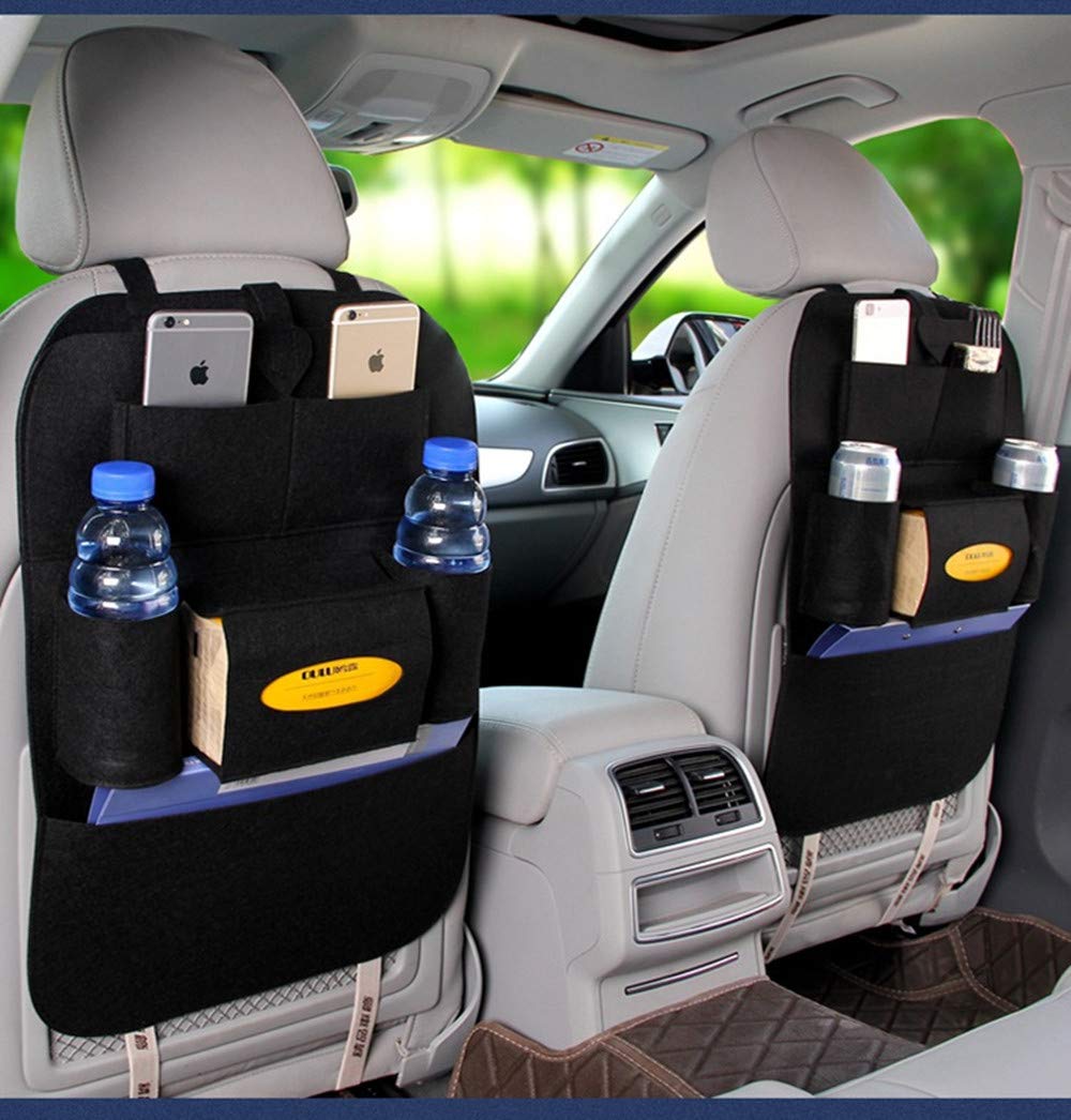 BININBOX Car Backseat Organizer with Felt Pocket - Kick Mat Protector for Baby & Kids Travel Accessories - Toy & Bottle Storage Organizer (Black) - Perfect for Road Trips, Family Travel & Daily Commute