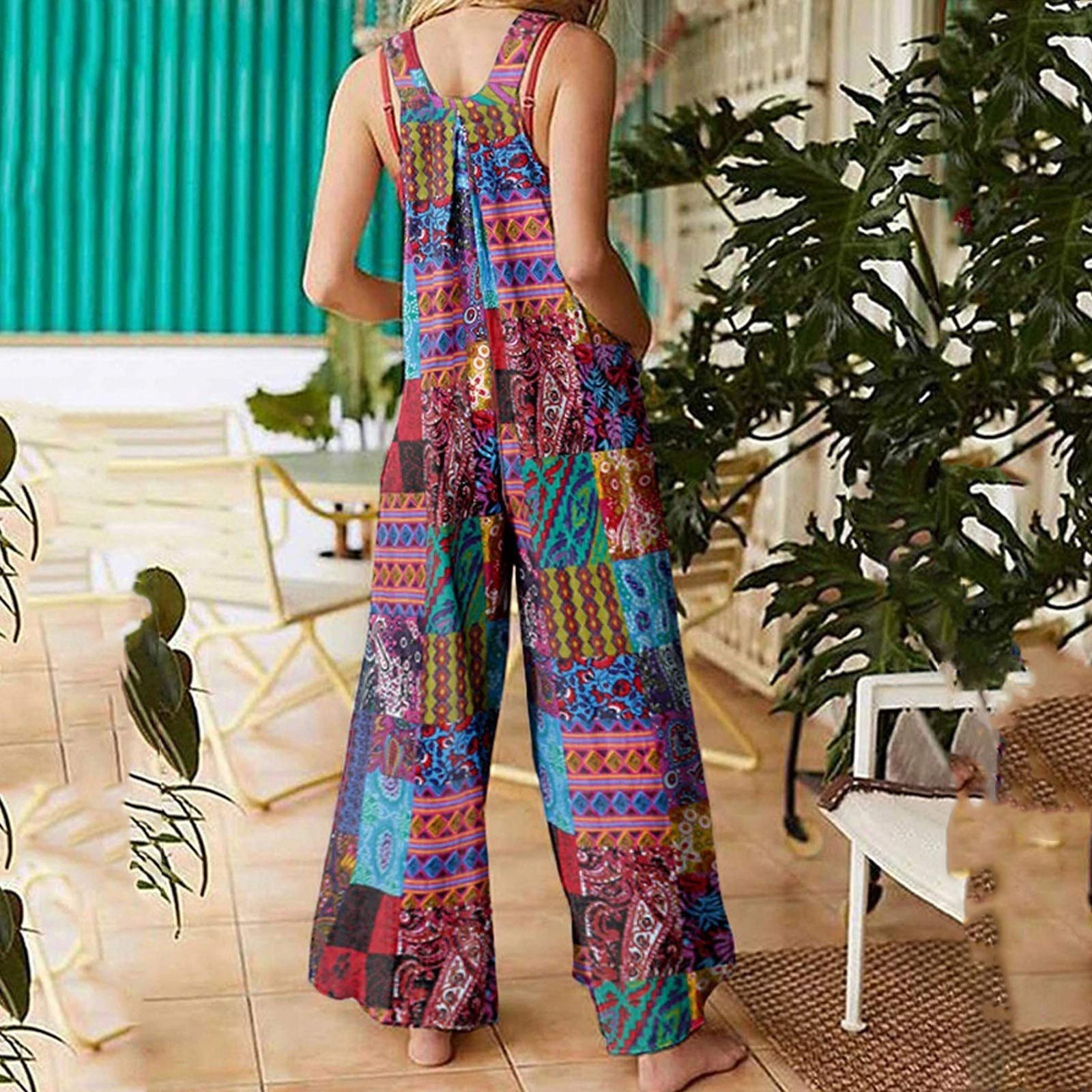 Vintage Patchwork Print Women's One Piece Jumpsuit with Buttons, Suspenders & Pockets - Wide Leg Romper Overalls for Casual Outings, Music Festivals & Retro Fashion