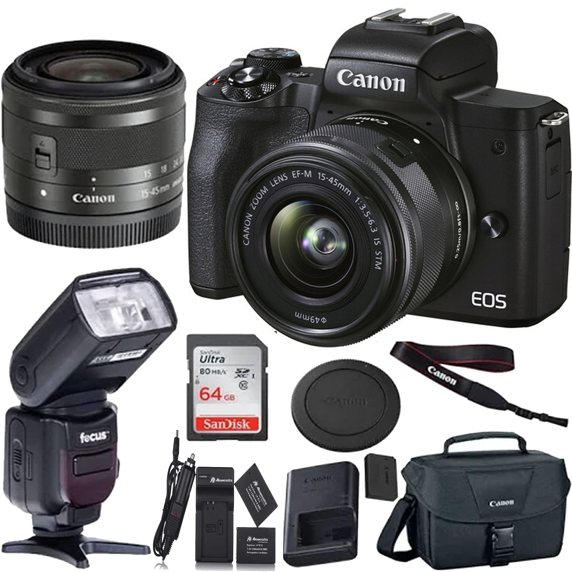 Canon EOS M50 Mark II Mirrorless Digital Camera with 15-45mm Lens (Black) - Professional Flash Bundle Kit for Vlogging, Travel & Photography
