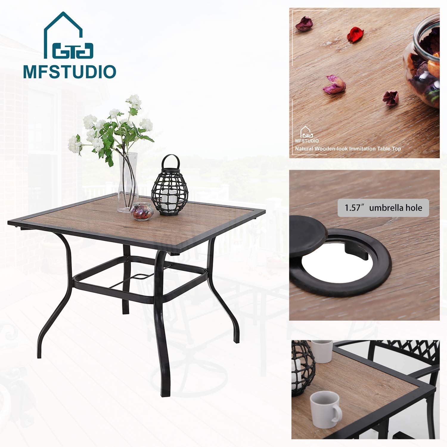 MFSTUDIO 4-Piece Outdoor Patio Dining Set - Square Wooden Bistro Table with 1.57