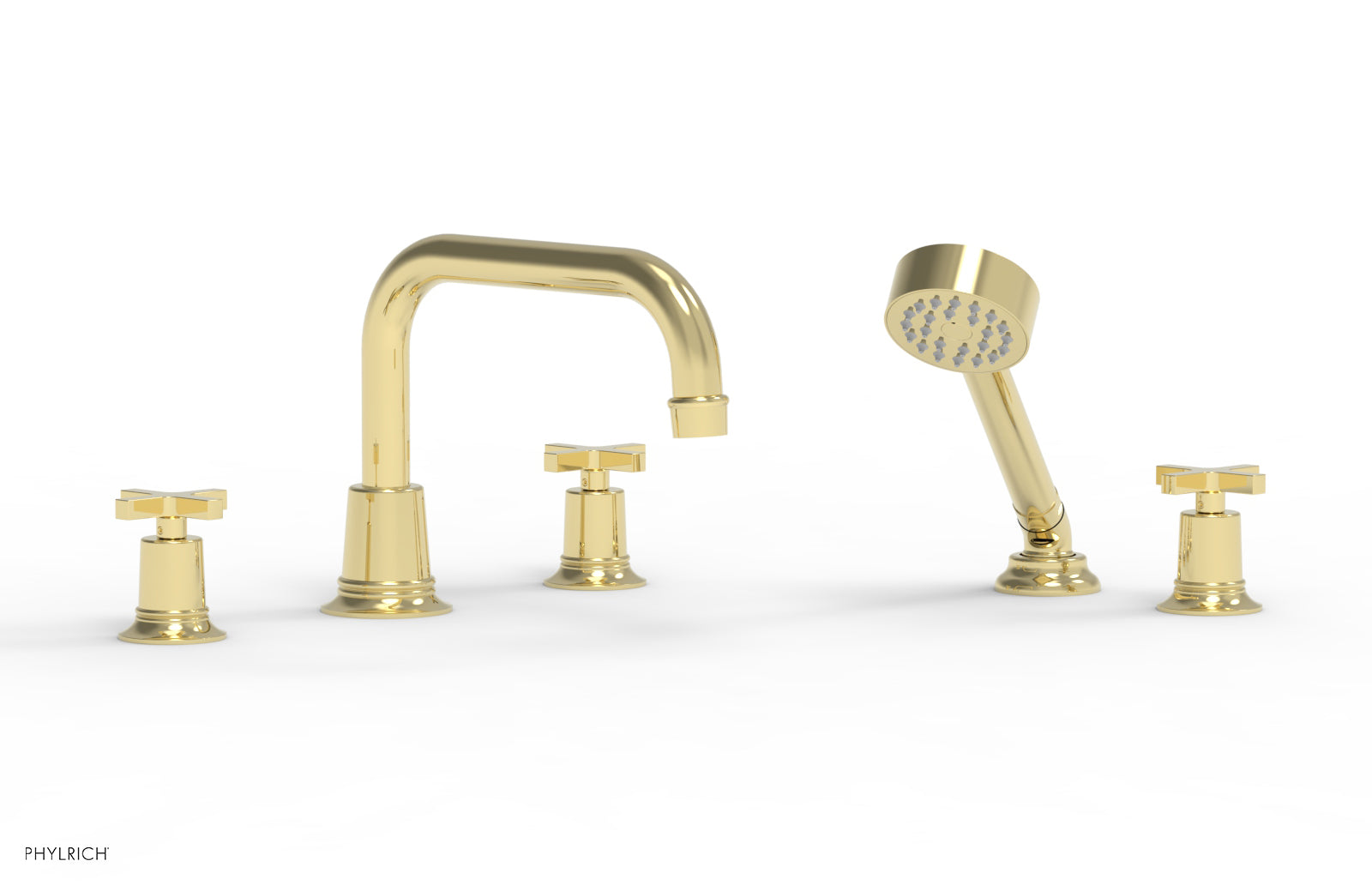 HEX MODERN Deck Mount Tub Faucet Set with Hand Shower and Cross Handles - Model 501 52 - Perfect for Bathroom Renovation and Luxury Spa Experience