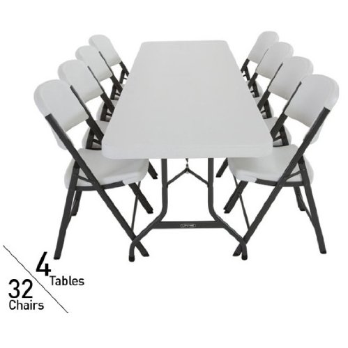 Lifetime 8-Foot Folding Table and 32 Folding Chairs Set - White Heavy Duty Plastic Banquet Tables & Stackable Chairs for Events, Parties, and Outdoor Gatherings
