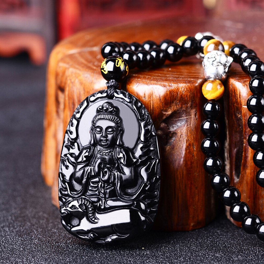 Natural Obsidian Pendant Necklace for Women & Men - Zodiac Bodhisattva Amulet Talisman with White Copper Buddha Charm | Spiritual Protection Jewelry for Meditation, Yoga & Daily Wear