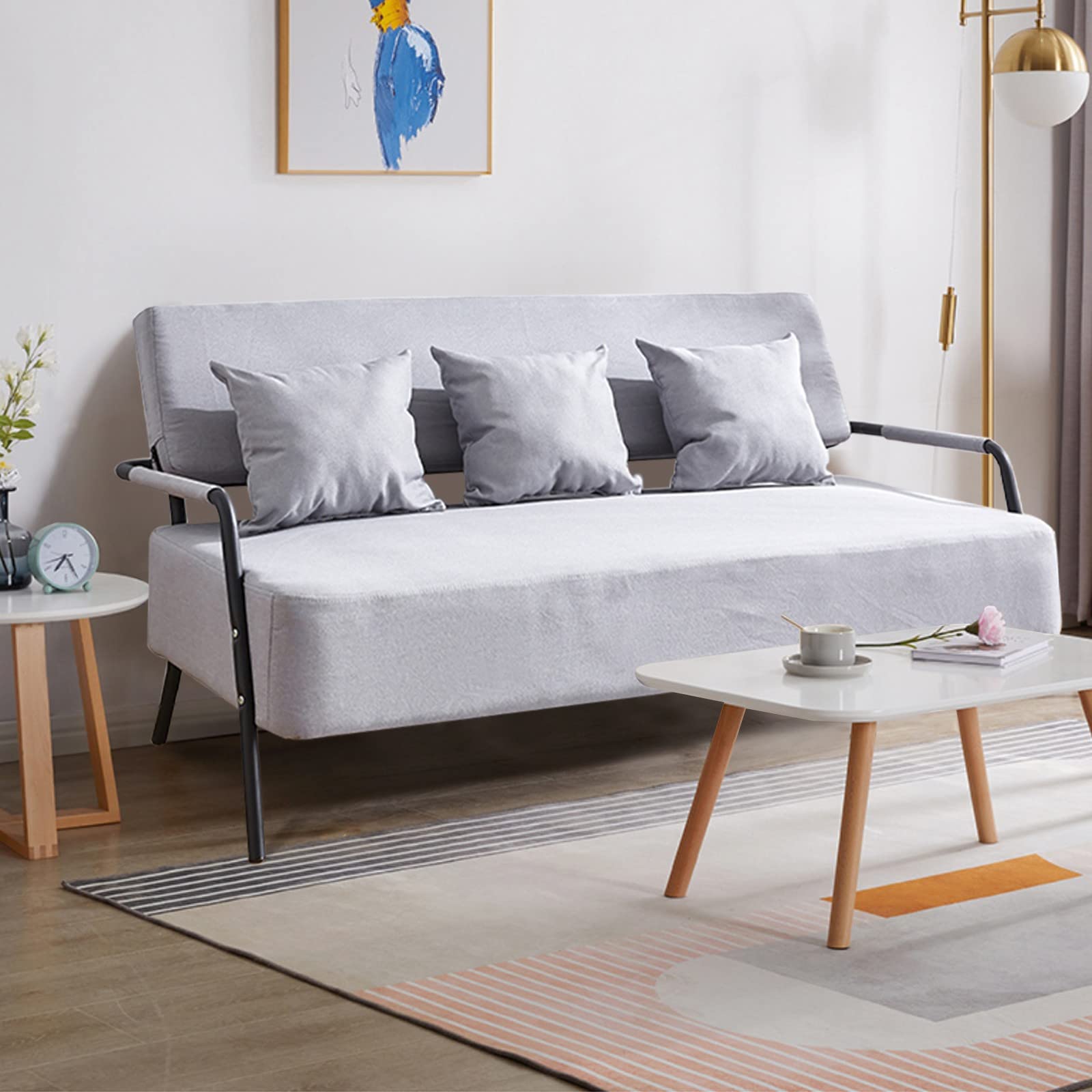 Modern Nordic Minimalist 3-Seat Sofa with 3 Pillows - Light Gray Living Room Couch for Bedroom, Balcony & Small Spaces - Easy Assembly Comfortable Furniture