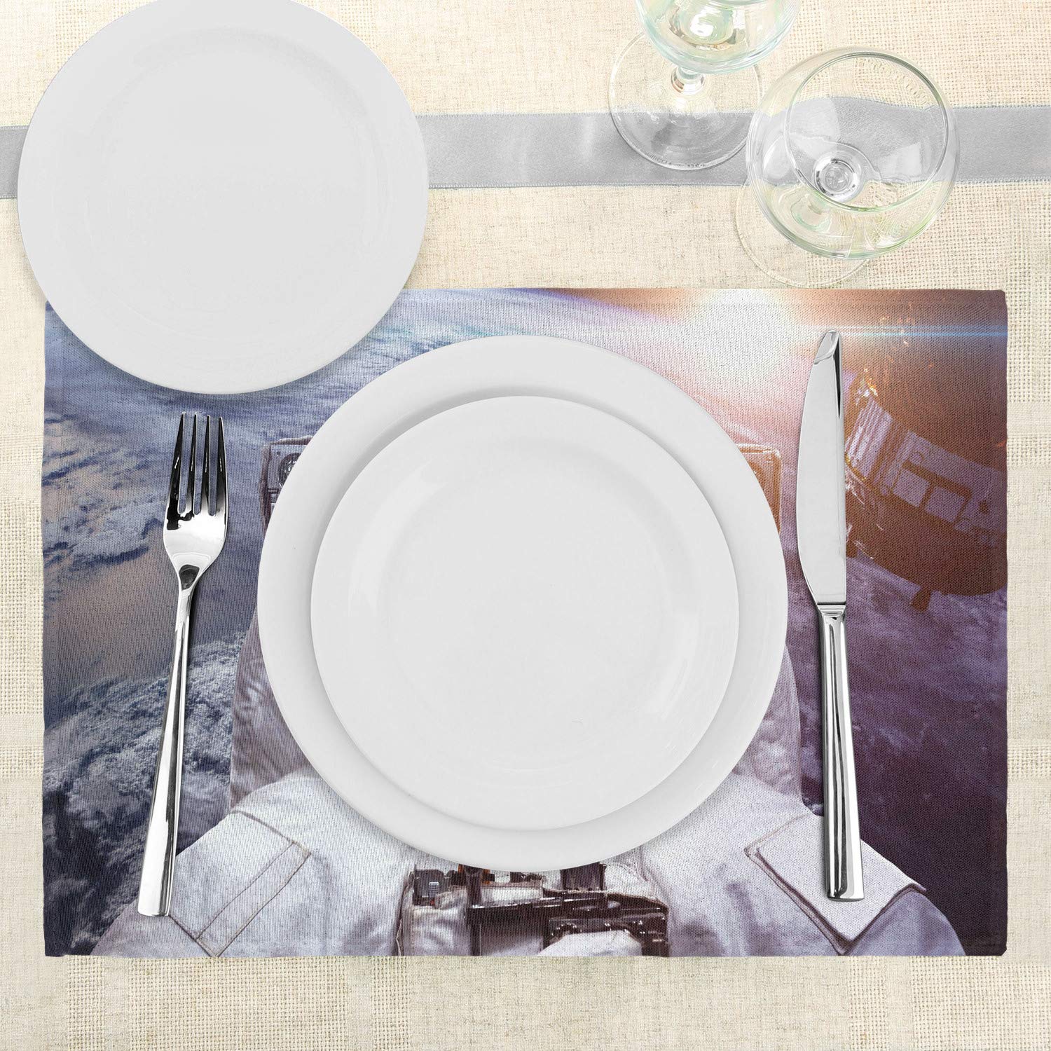 Ambesonne Space Cat Placemats Set of 4 - Astronaut Cat in Suit with Satellite Eclipse Design, Washable Fabric Table Mats for Dining Room & Kitchen Decor (Blue Grey White) - Perfect for Sci-Fi Themed Parties & Space Enthusiast Home Decor