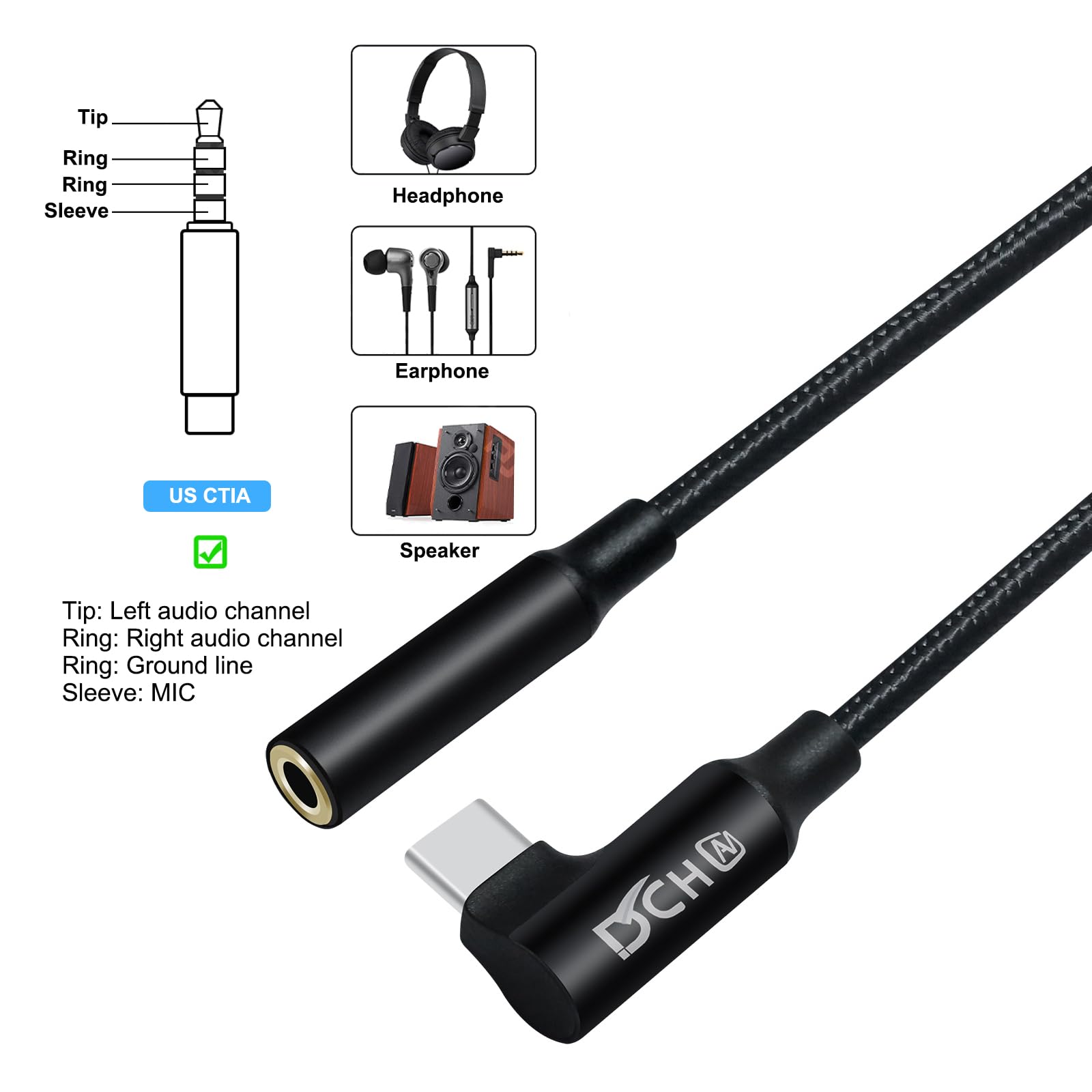DCHAV USB-C to 3.5mm Audio Adapter with DAC Chip - Angled USB Type C Male to 3.5mm Female Headphone Jack Aux Cable - Compatible with Android Phones, Tablets, Laptops, Speakers & Car Stereos (Black) - Perfect for Music, Gaming & Hands-Free Calling