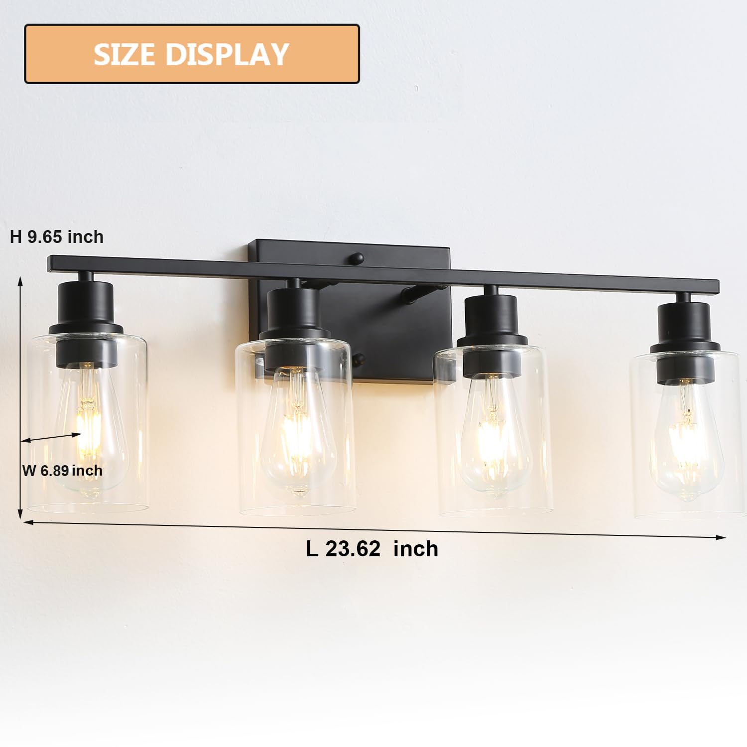 EMONG 4-Light Matte Black Bathroom Vanity Light with Glass Shade - Modern Wall Sconce Lighting Fixture for Bathroom, Mirror, Hallway & Farmhouse Decor - Perfect for Vanity Makeup, Shaving & Ambient Lighting