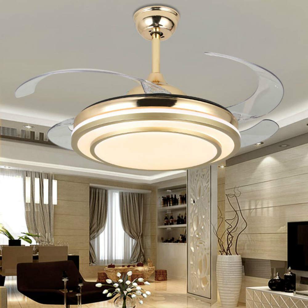 42 Inch Invisible Ceiling Fan with Remote Control - 3 Color Changing LED Lights, Reversible Blades, Modern Smart Chandelier Fan for Living Room, Bedroom, Office - Gold Finish | Perfect for Home Cooling & Stylish Lighting