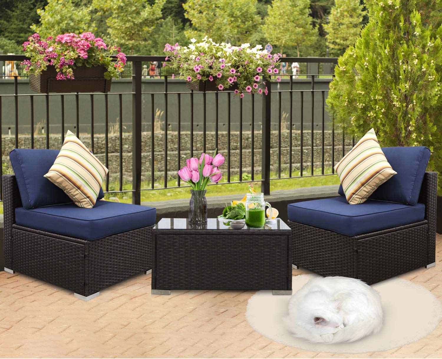 3PCs Outdoor Rattan Sectional Sofa Set - Waterproof Patio Wicker Furniture with Washable Cushions (Dark Blue) for Backyard, Garden & Poolside Relaxation