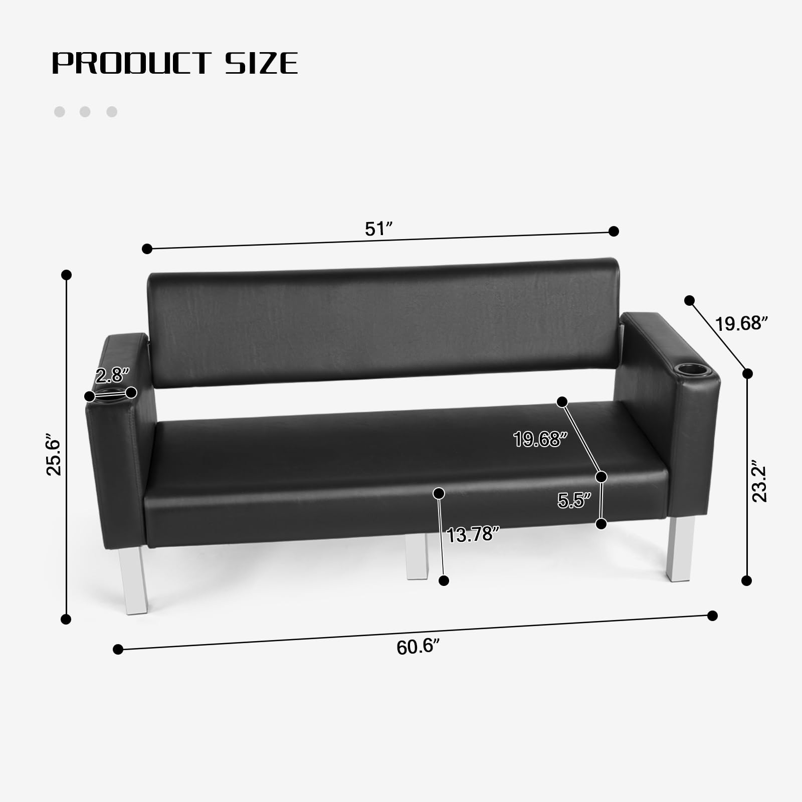 Premium Leather Office Reception Chairs - 60.6'' Waiting Room Bench with 2 Cup Holders, Stainless Steel Base for Conference Rooms & Lobby Seating | Perfect for Corporate Offices, Hotels, and Clinic Waiting Areas