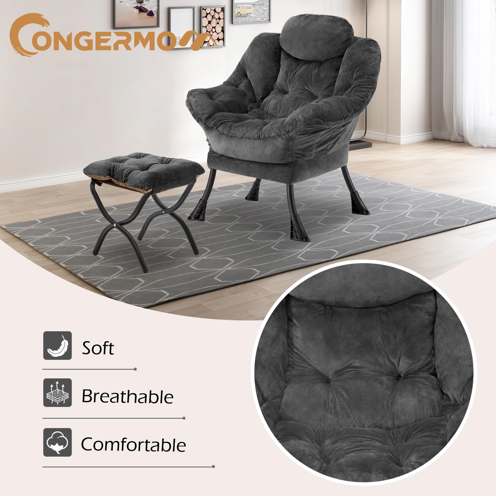 Comfortable Folding Ottoman Lazy Chair - Soft Fabric Armchair with Armrests & Side Pockets, Reclining Reading Chair with Footrest for Living Room, Bedroom, Office - Plush Dark Grey - Perfect for Relaxing, Napping & Lounging at Home