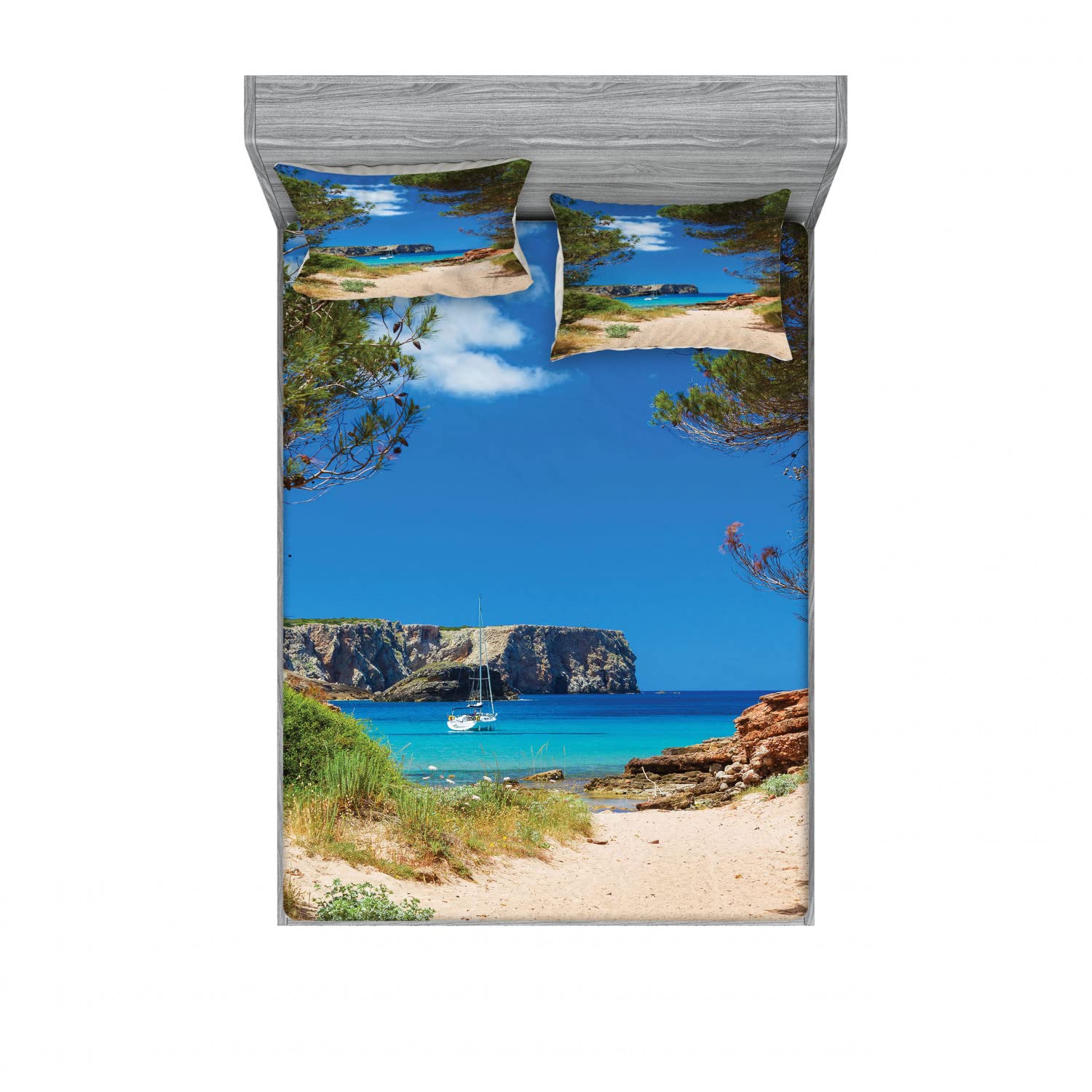 Ambesonne Nautical 2-Piece Full Size Fitted Sheet Set with 4 Pillow Shams - Coastal Ocean Wave Sand Beach Theme Bedding Decor for Guest Room, Vacation Home & Beach House Decorations