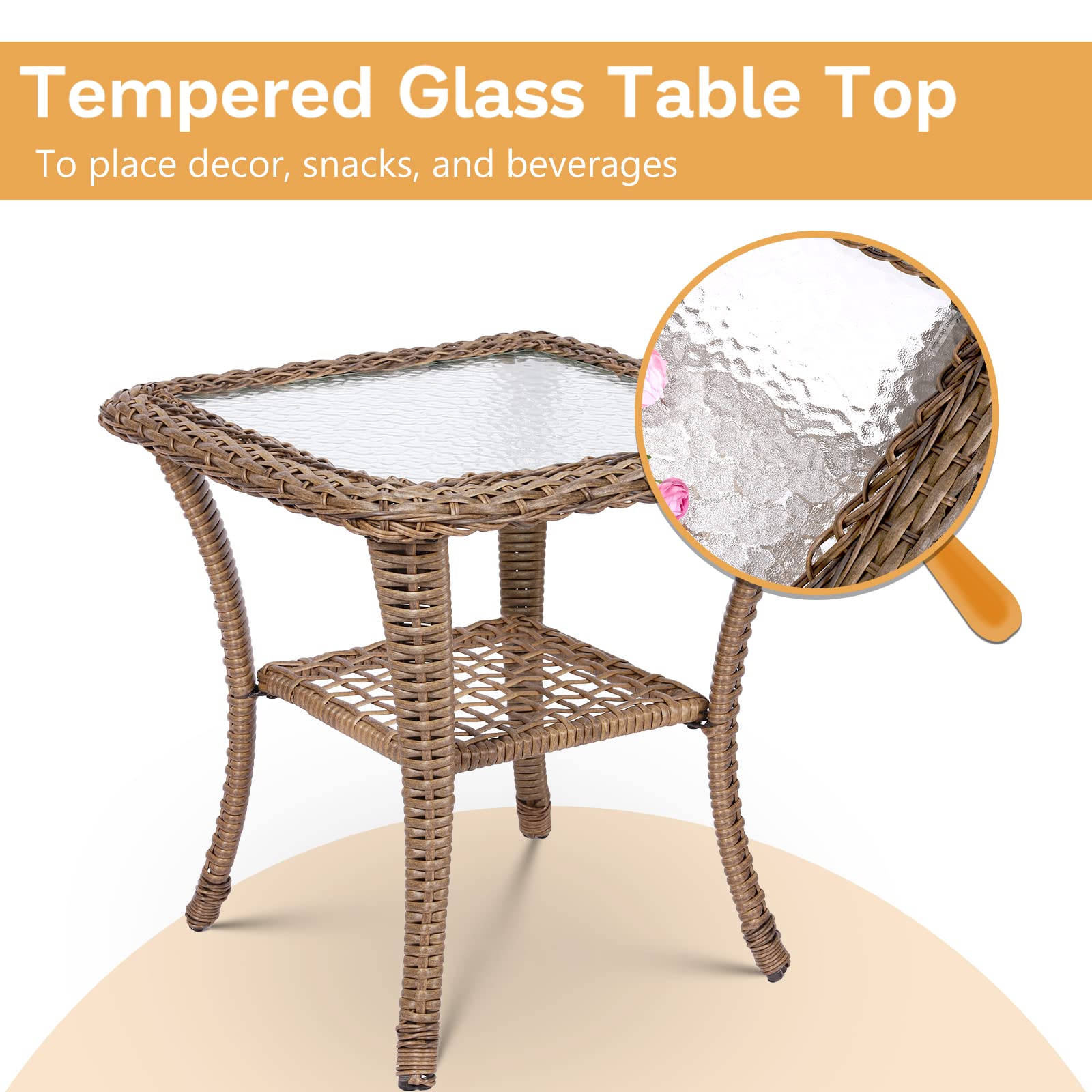 3-Piece Outdoor Patio Rocking Chair Set with Cushions & Glass-Top Coffee Table - Rattan Bistro Conversation Set for Porch, Backyard & Garden - Perfect for Relaxing, Entertaining & Outdoor Dining (Orange)