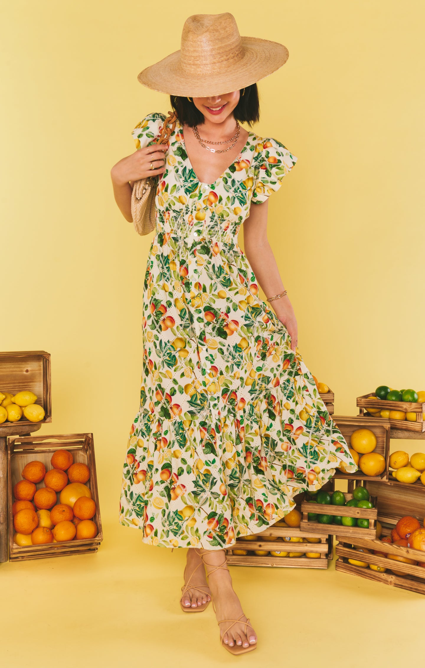 Elegant Citrus Print Midi Dress for Women - Perfect for Lunch Dates, Brunch & Summer Outfits | Flowy Georgia-Inspired Floral Dress