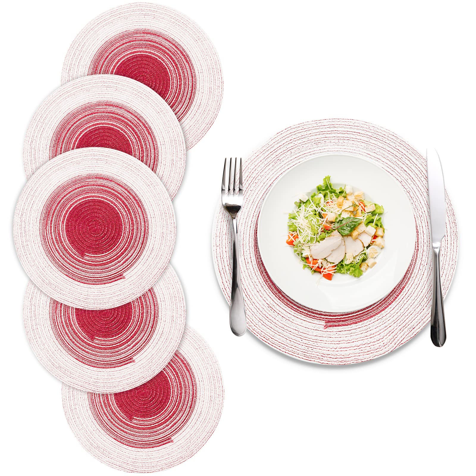 6-Pack Round Braided Placemats - 14 Inch Washable Kitchen Table Mats in Claret Red | Perfect for Dining Tables, Breakfast Nooks & Holiday Decor