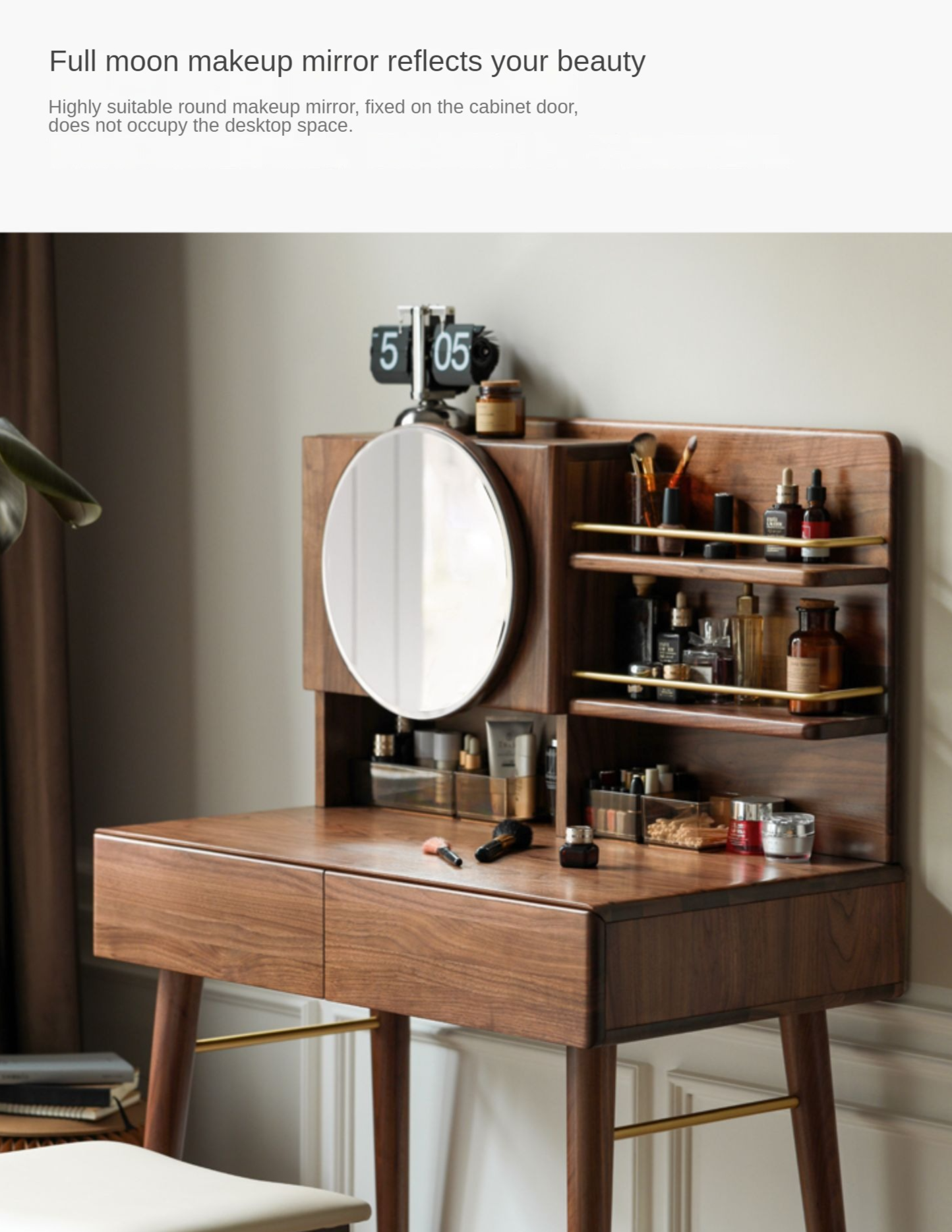 Black Walnut Solid Wood Moon Makeup Mirror Vanity Dressing Table - Elegant Bedroom & Bathroom Decor for Women