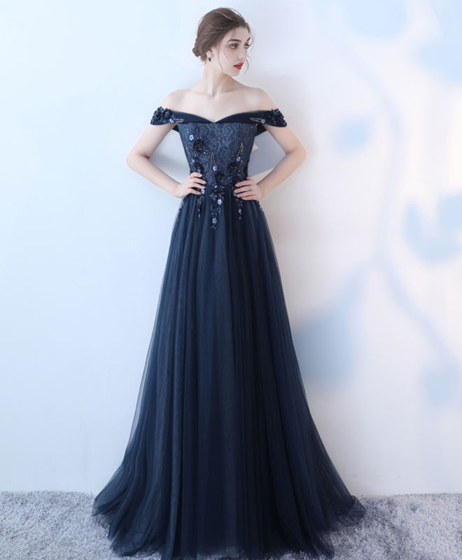 Elegant Blue Lace Tulle Long Prom Dress with Floral Embroidery - Formal Evening Gown for Homecoming, Wedding, and Special Occasions