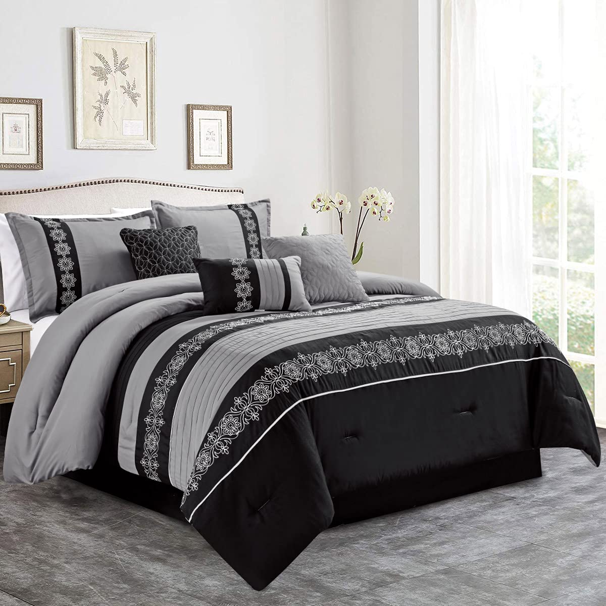 Premium MERRY HOME 7-Piece California King Comforter Set - 400GSM All-Season Soft Bedding (Gray & Black) | Perfect for Master Bedrooms, Guest Rooms & Luxury Hotels