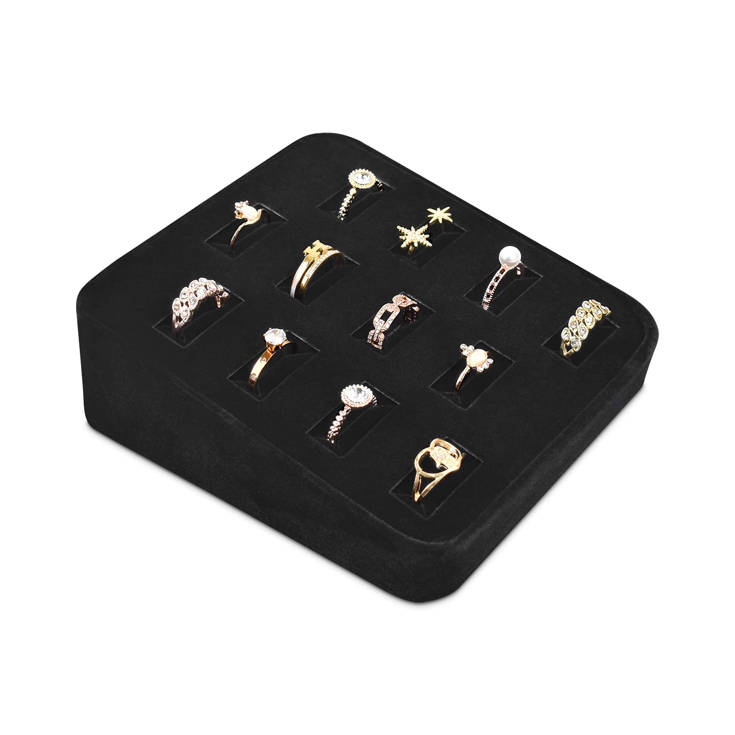 MOOCA 12 Slot Ring Display Tray - Velvet Jewelry Organizer Stand for Rings, Earrings & Bracelets - Perfect for Home, Trade Shows & Retail Store Showcases - Black Velvet Jewelry Display Case