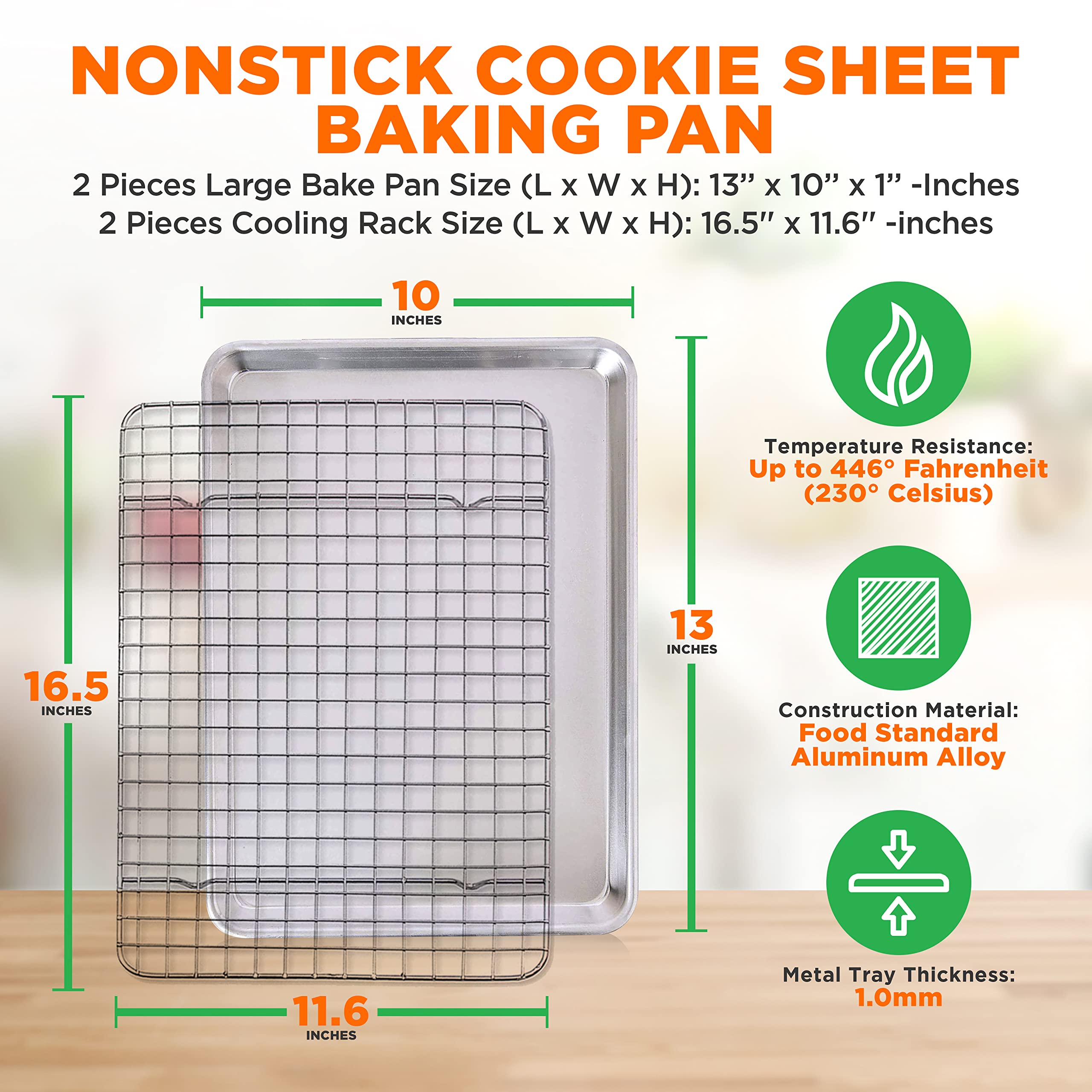 Nutrichef 2-Piece Nonstick Aluminum Baking Sheets with 2 Cooling Wire Racks - Heavy Duty 13