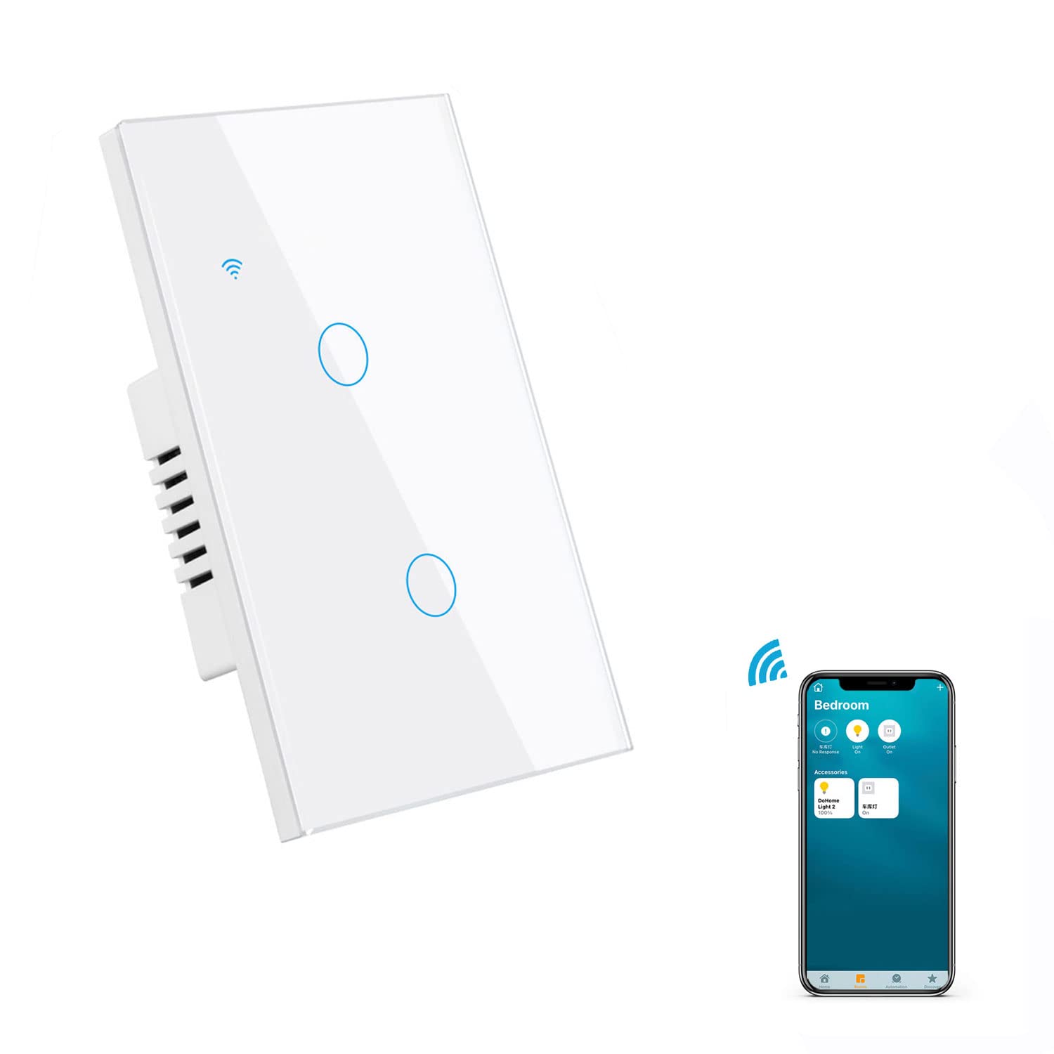 Smart Light Switch with WiFi & Touch Control - HomeKit, Alexa, Google Assistant Compatible, No Hub Required, Glass Panel Design, 2 Gang, White | Perfect for Modern Homes & Smart Lighting Automation