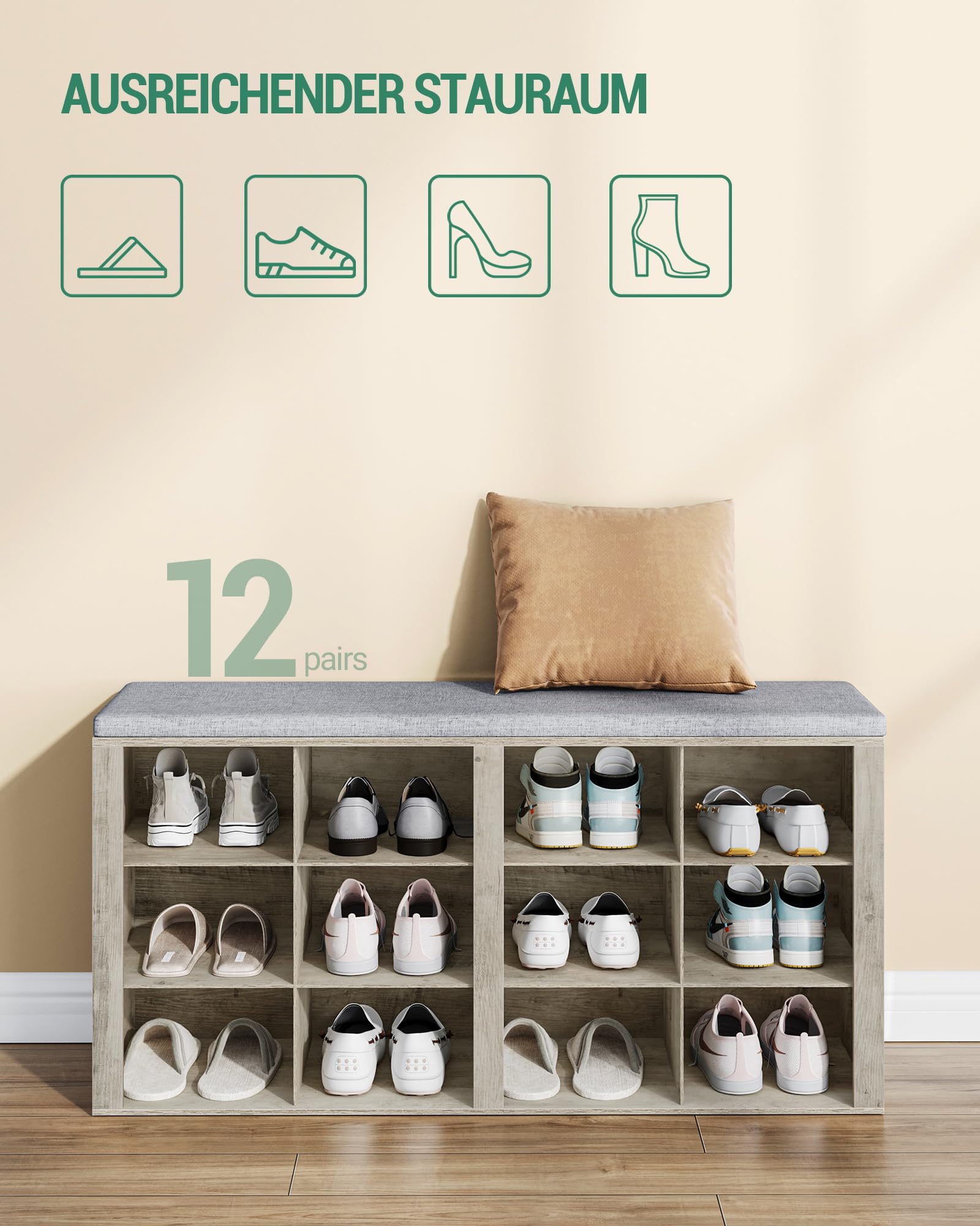 Shoe Bench with Cushion - 12-Cubby Entryway Storage Bench with Adjustable Shelves | Shoe Organizer Cabinet for Living Room, Bedroom & Hallway | Perfect for Small Space Organization & Entryway Seating (Greige SB19005GY)