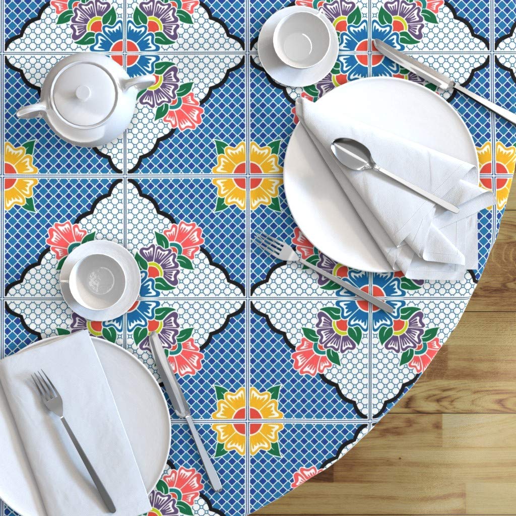 Custom Printed Spoonflower Cotton Sateen Tablecloth - 70 Inch Round Multicolor Floral Geometric Tile Mexico Design | Perfect for Dining Tables, Kitchen Decor, and Special Events