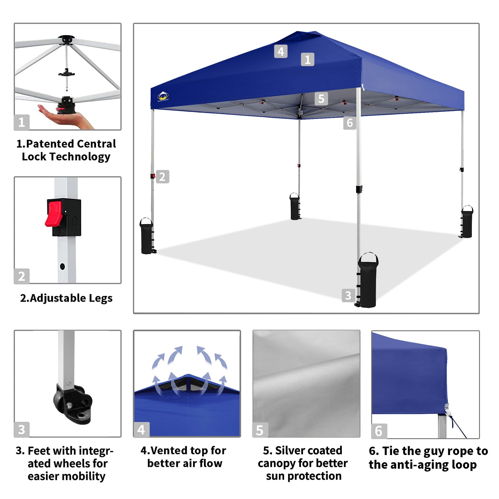 CROWN SHADES 10x10 Pop Up Canopy Tent - Instant Setup Beach Shade with Carry Bag - UV Protection Silver Coated Top & Navy Blue Frame - Perfect for Outdoor Events, Camping, Picnics, Backyard Parties and Beach Trips