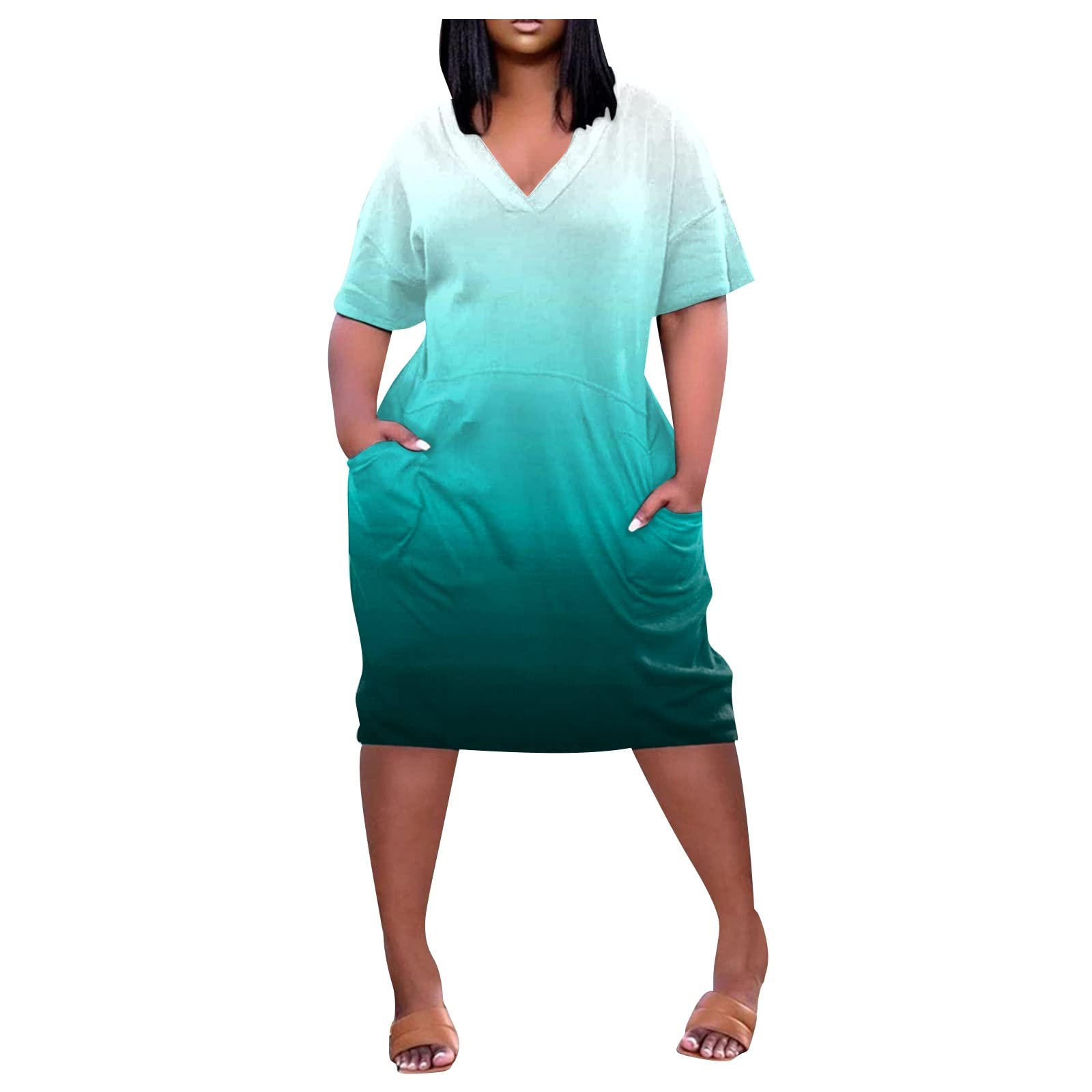 Women's Casual Summer Dress with V-Neck & Short Sleeves - Knee Length Maxi Dress with Pockets | Perfect for Beach, Vacation & Everyday Wear